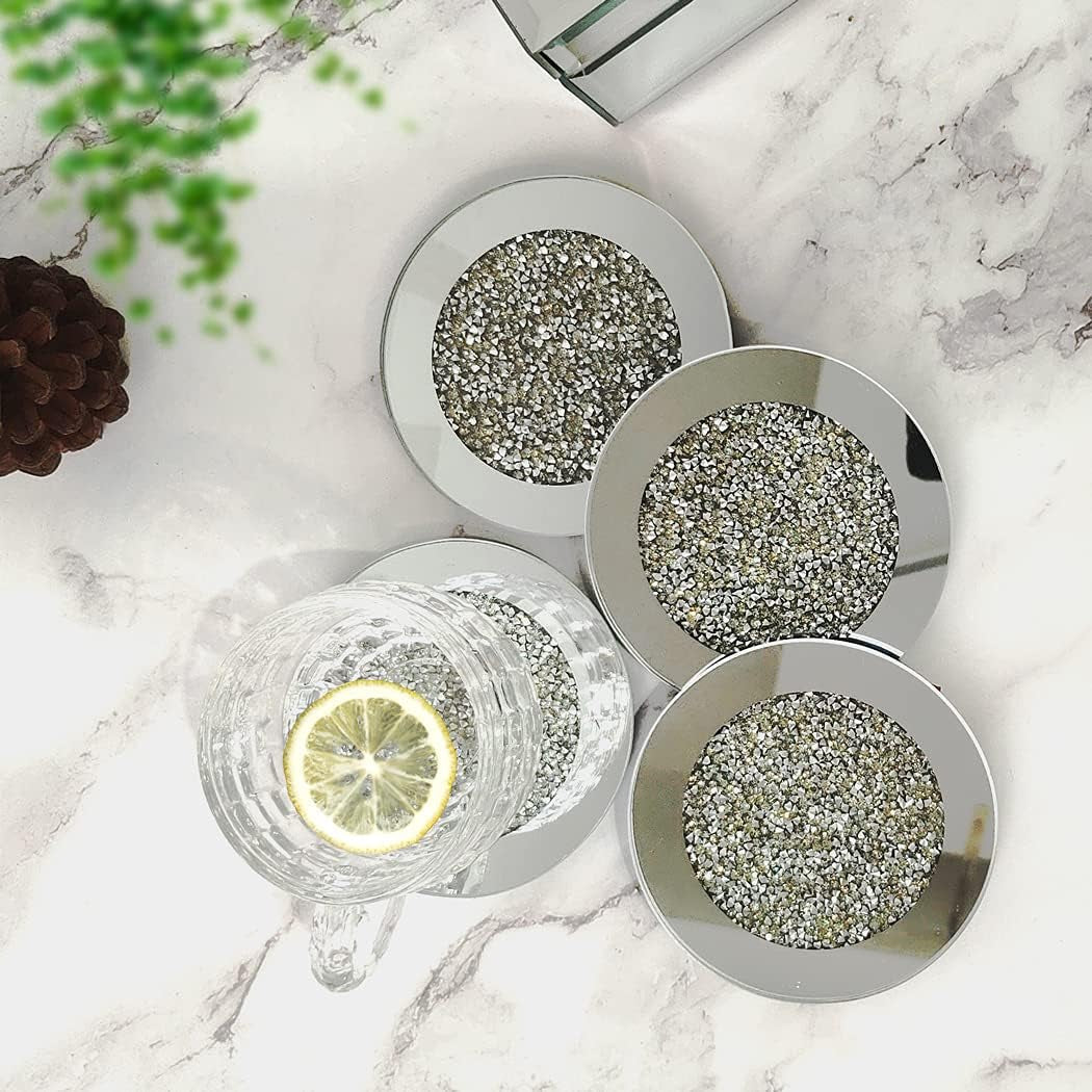Crushed Diamond Glass Mirrored Coaster round 4", 4pc
