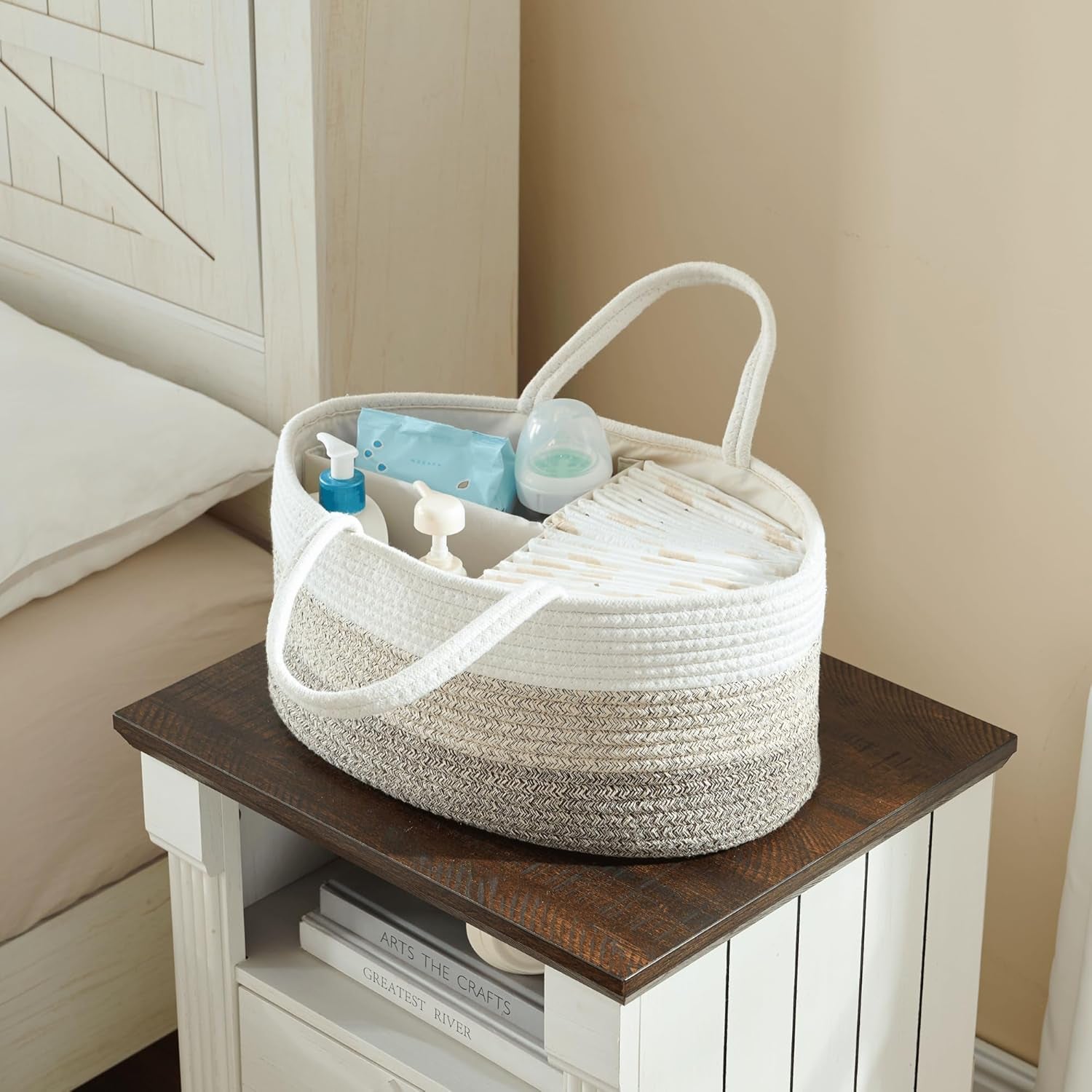 Baby Diaper Caddy Organizer, Large Cotton Rope Nursery Diaper Basket - Gradient Brown