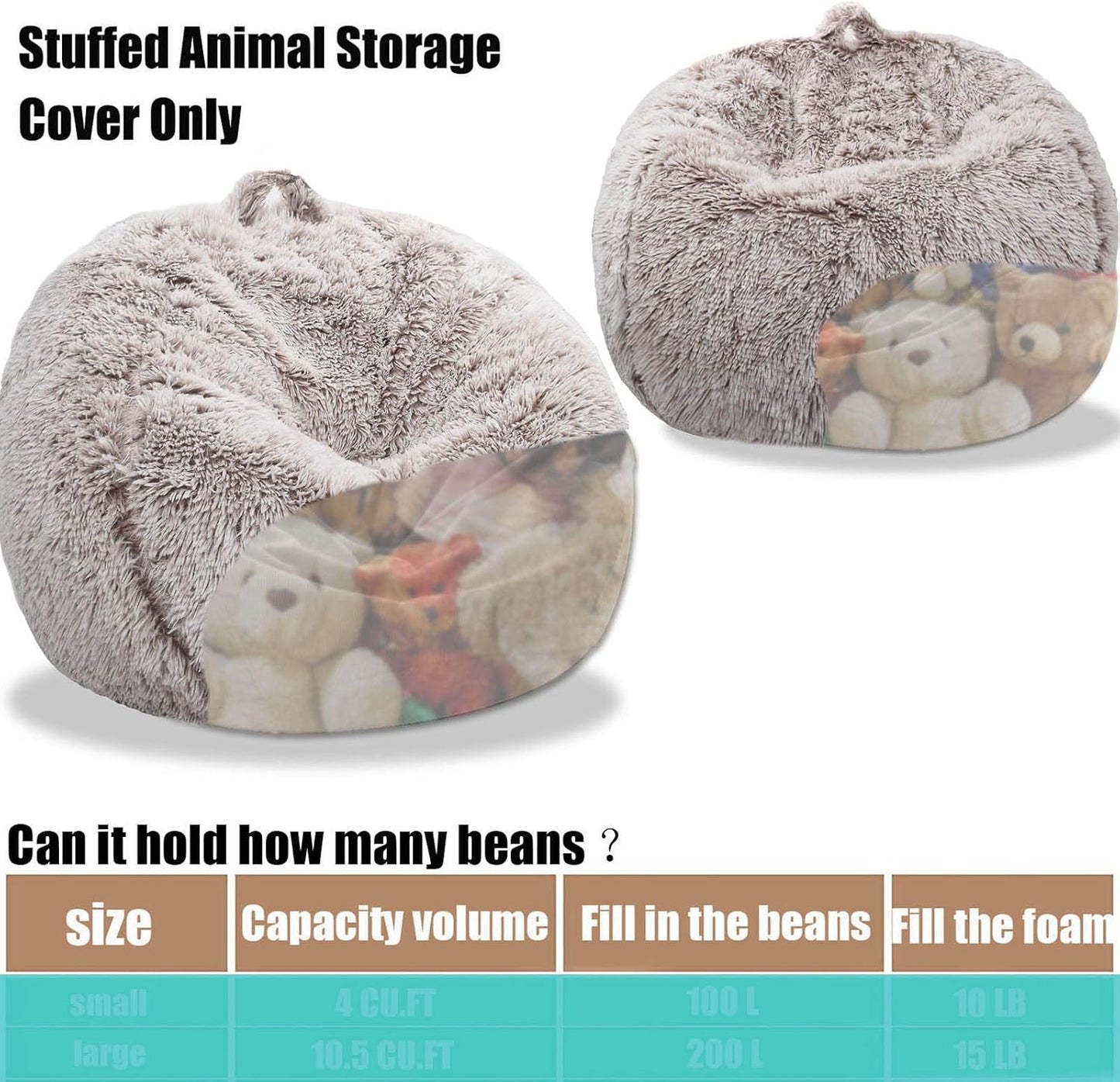 Fluffy Stuffed Animal Storage Bean Bag Chair Cover (No Filler), for Adults Teens Kids Girls, Heather Camel