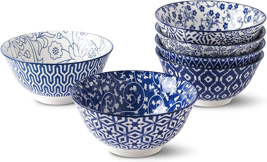 Blue and White Porcelain 20Oz Cereal Bowl Set - Set of 6, 6 Inch Soup Bowls, Vintage Blue