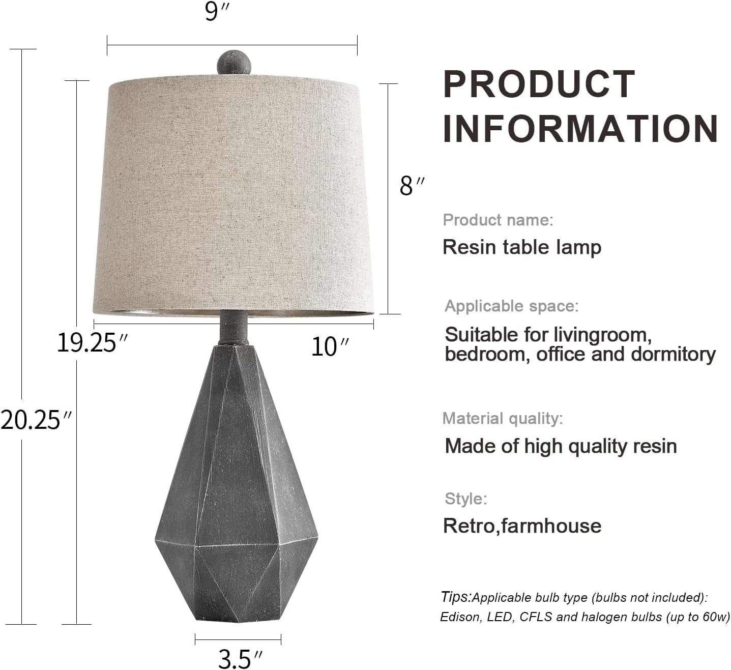 Rustic Farmhouse Side Table Lamp, Sets of 2, Deep Grey Contemporary Classic Lamp, 20.25"