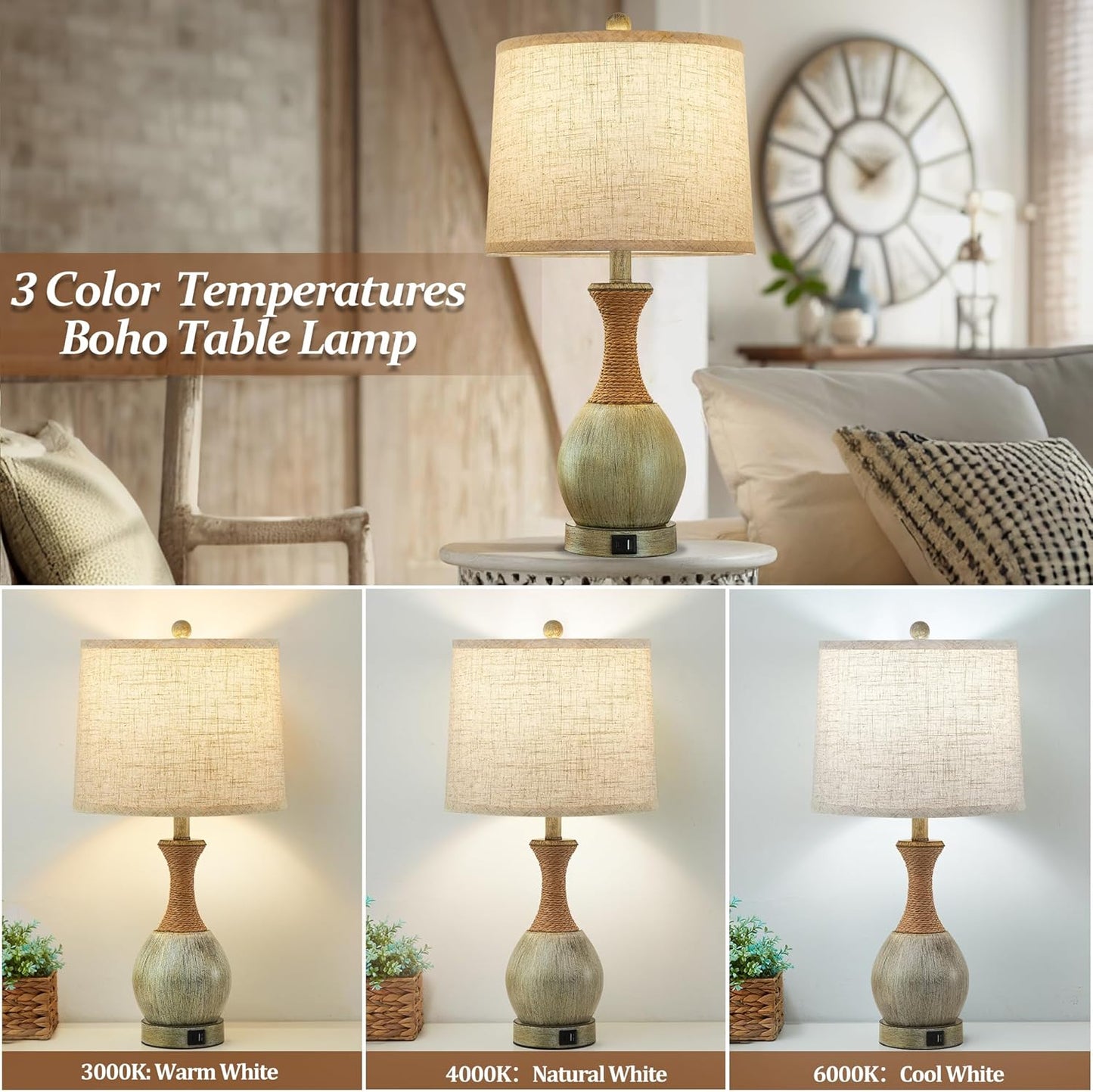 Boho Rattan Side Table Lamp Set of 2 - With 3 Way Dimmable - Bulbs Included