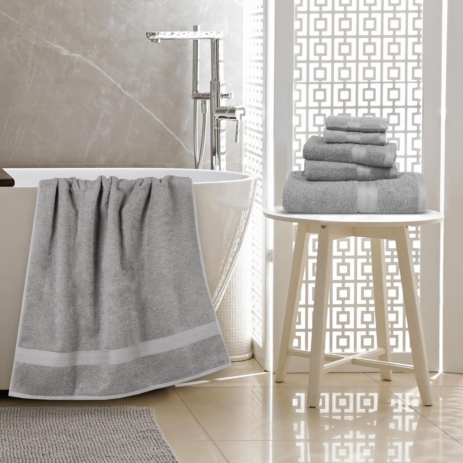 6 Piece Oversized Fade Resistant Towel Set, 100% Cotton Soft and Absorbent, Gray