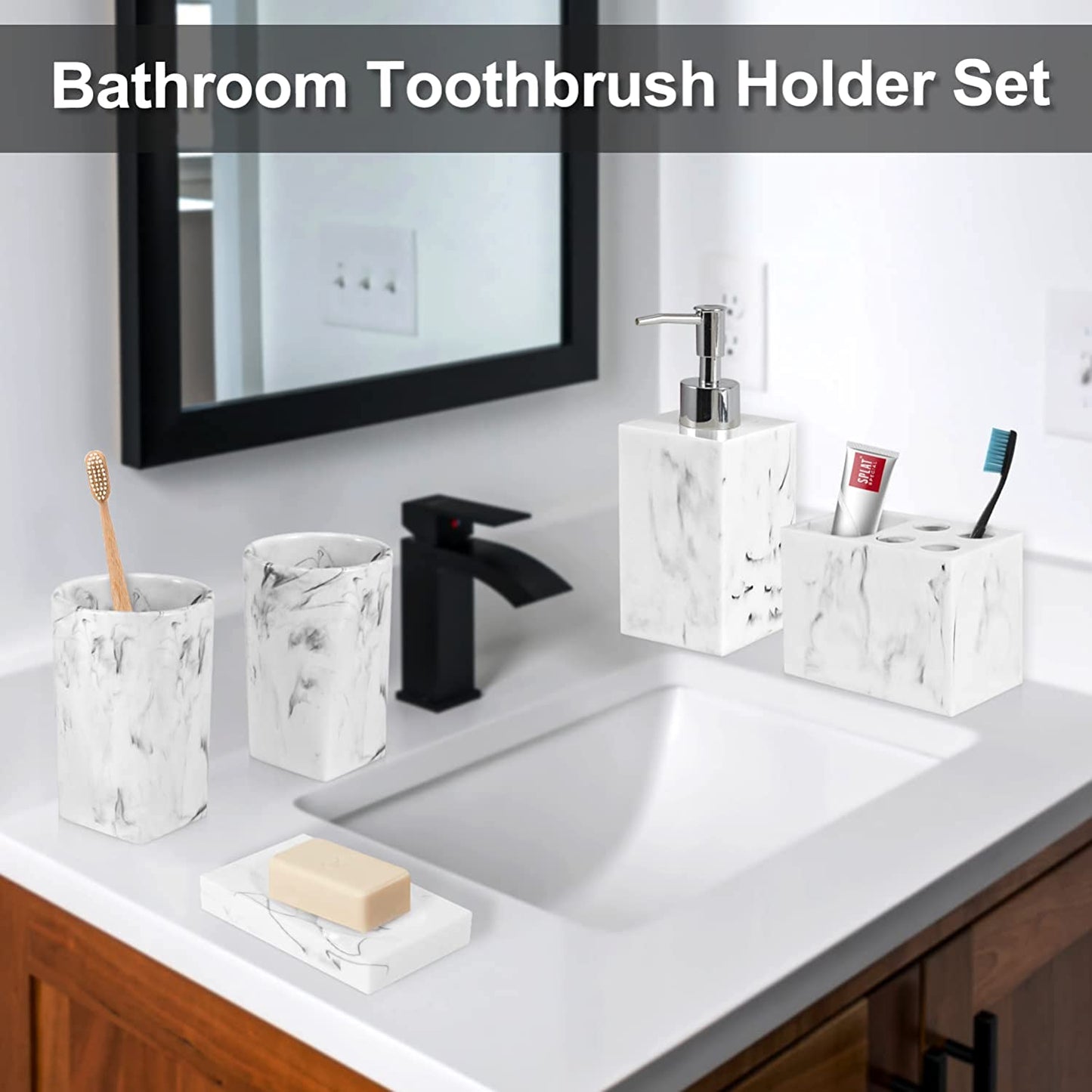 Bathroom Accessories Set, 5 Pcs Marble, Ink White