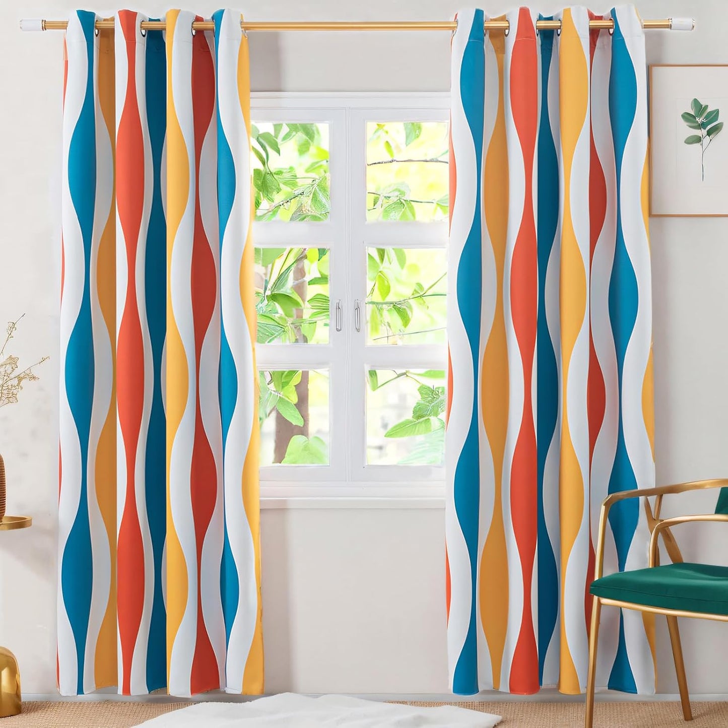 Blackout Curtains 84 Inch Long 2 Panels Set, Wave Grommet Bedroom Blackout Curtains, Thermal Insulated, Orange, 52" W X 84" L