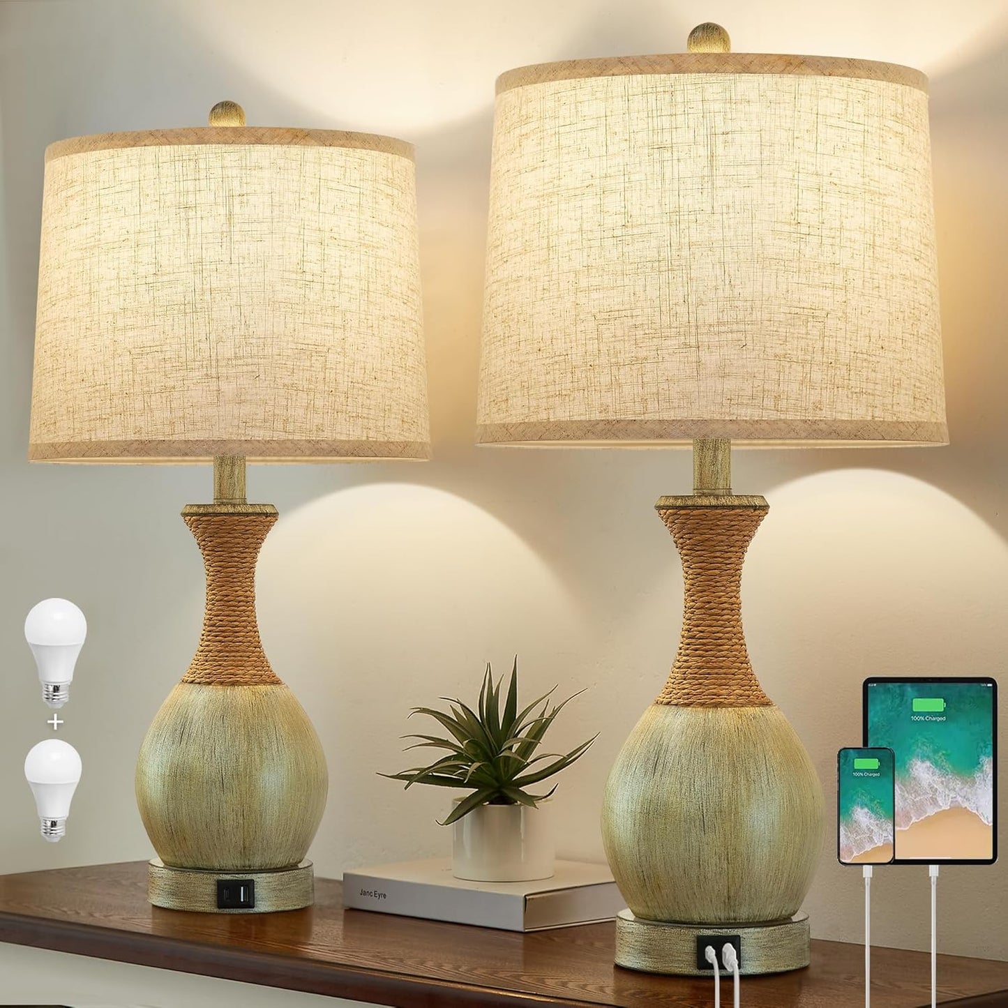 Boho Rattan Side Table Lamp Set of 2 - With 3 Way Dimmable - Bulbs Included