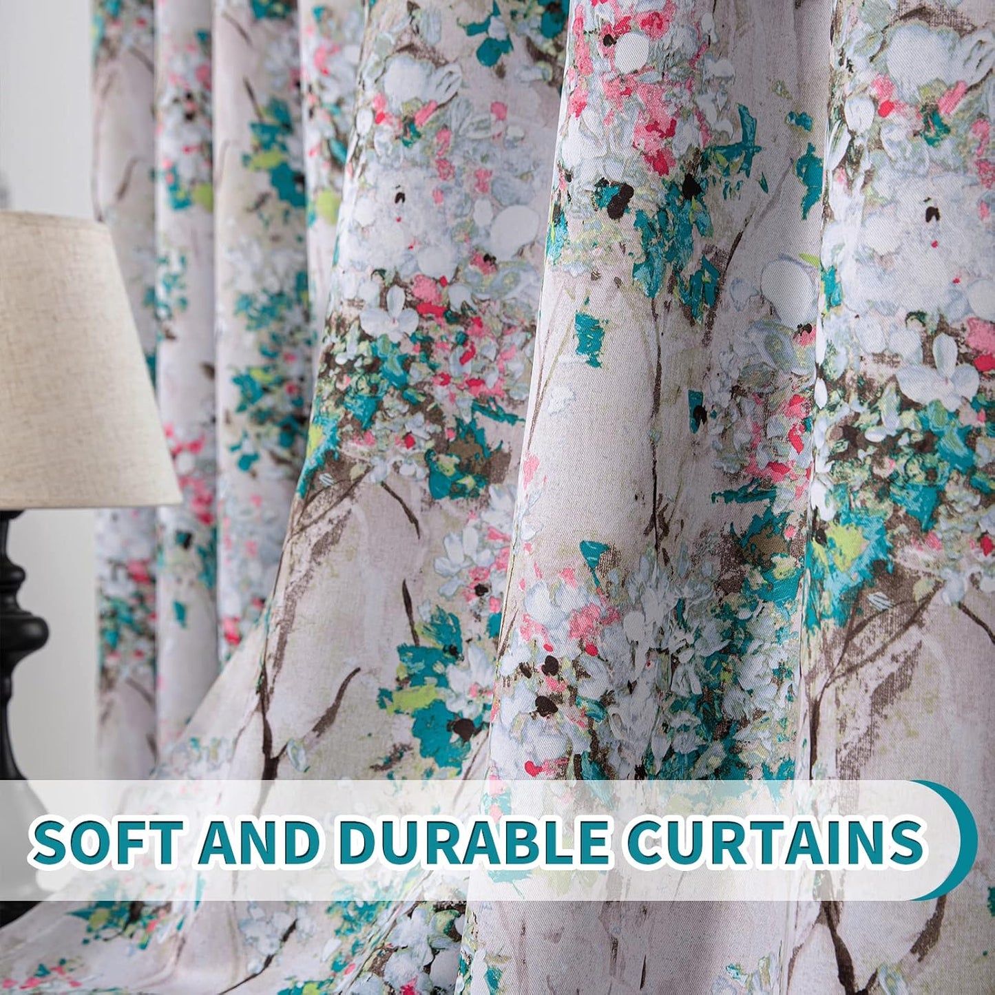 Floral Blackout Curtains 84 Inches Long 2 Panels Pink and Blue Floral Thermal Insulated Ink Vintage Flower Printed
