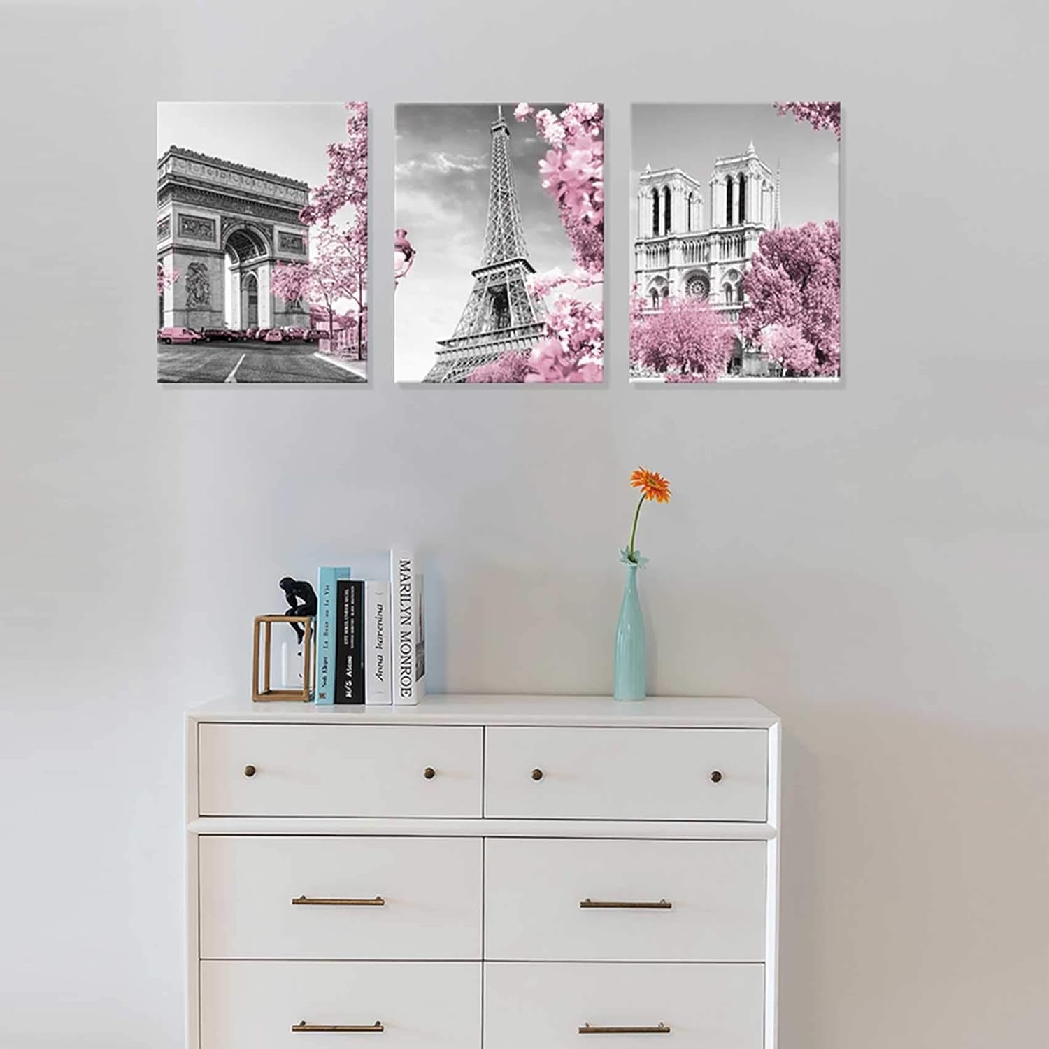 Paris Eiffel Tower Wall Decor Pink, Black, and White Pictures, Framed, Size 12X16 Each Panel