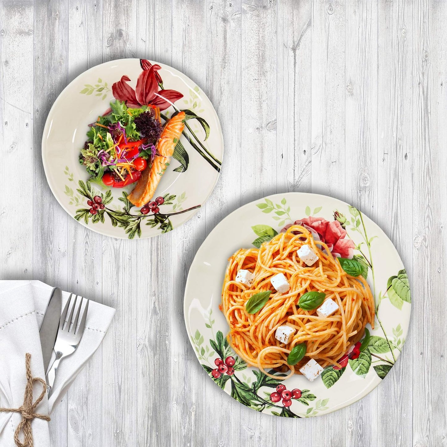 Tudor Royal 12-Piece round Porcelain Dinnerware Set, Service for 4, Rosemary, Summer Flowers