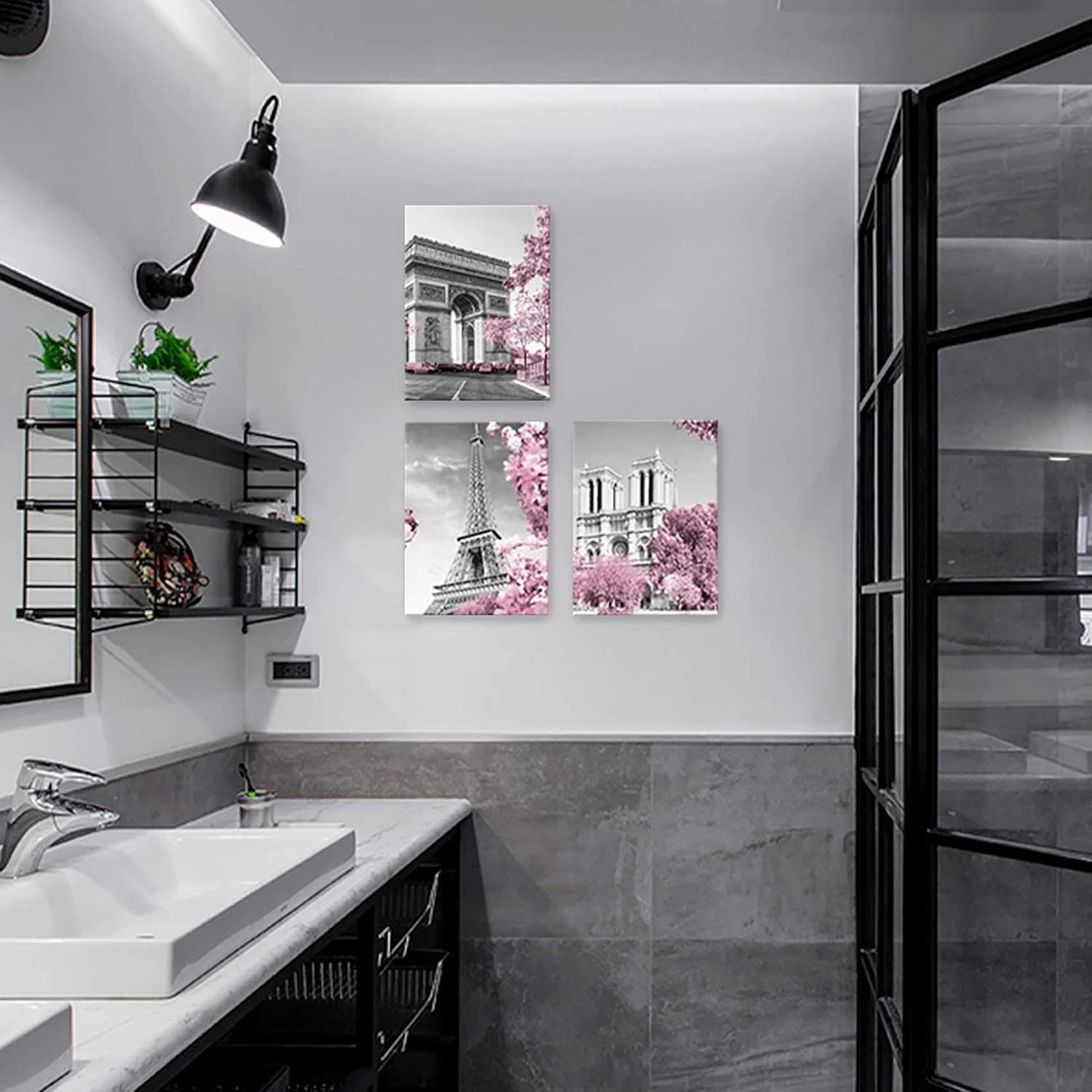 Paris Eiffel Tower Wall Decor Pink, Black, and White Pictures, Framed, Size 12X16 Each Panel