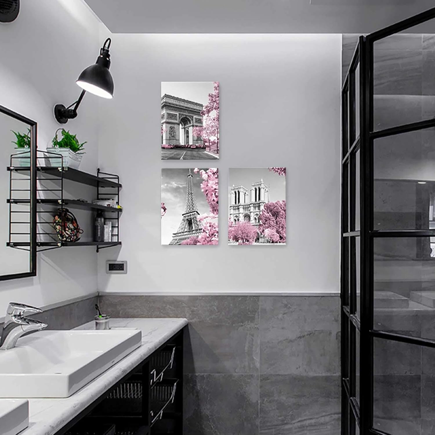 Paris Eiffel Tower Wall Decor Pink, Black, and White Pictures, Framed, Size 12X16 Each Panel