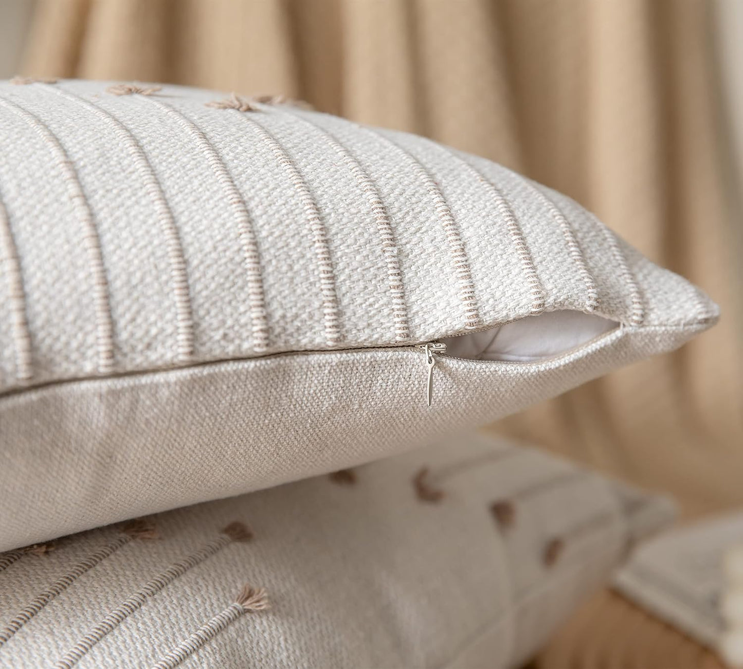 Boho Throw Pillow Covers 12X20 Set of 2 Decorative Pillows. Beige with Tan Line