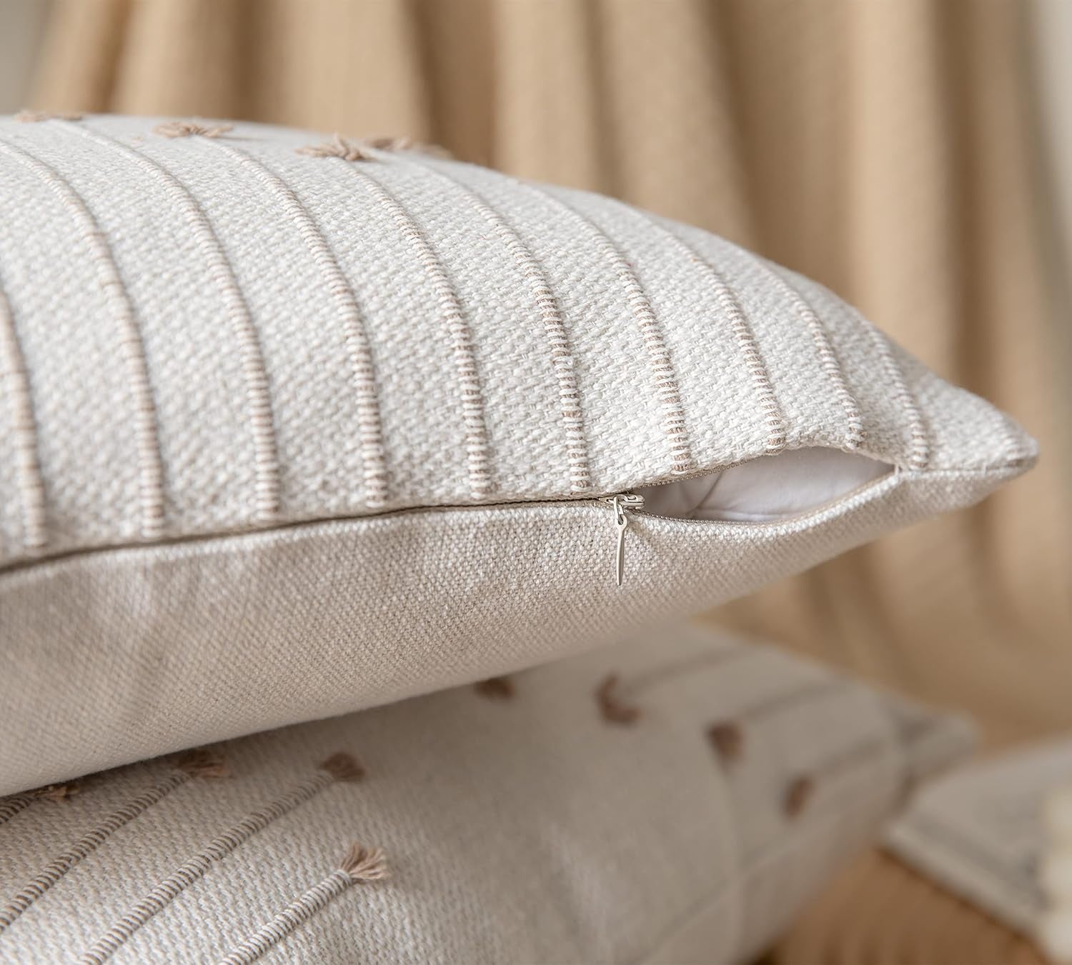 Boho Throw Pillow Covers 12X20 Set of 2 Decorative Pillows. Beige with Tan Line