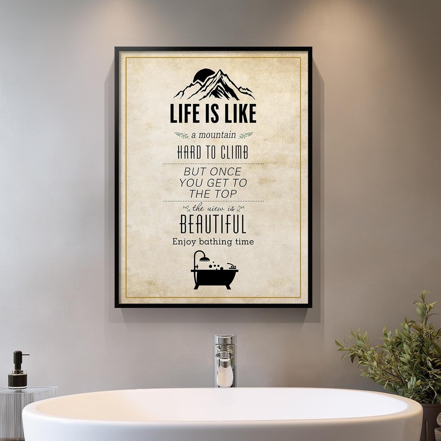 Framed Bathroom Wall Art Decor, Rustic Inspirational Canvas Painting Print Artwork, Neutral Black and White