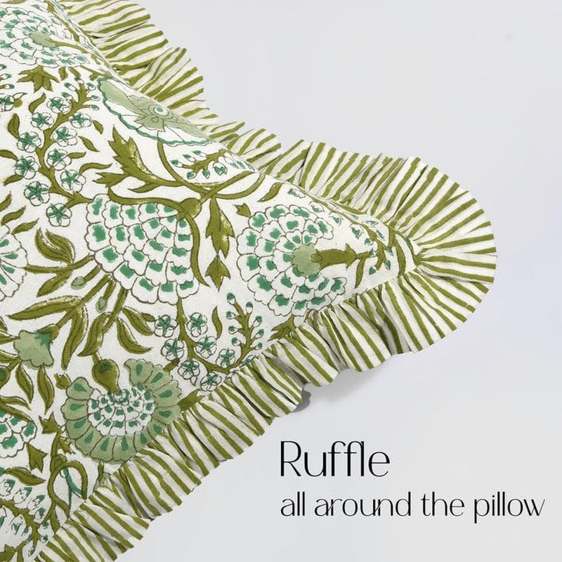 CPC Agate Green 100% Cotton Block Print Ruffle Sham Cover 12X20 Inch