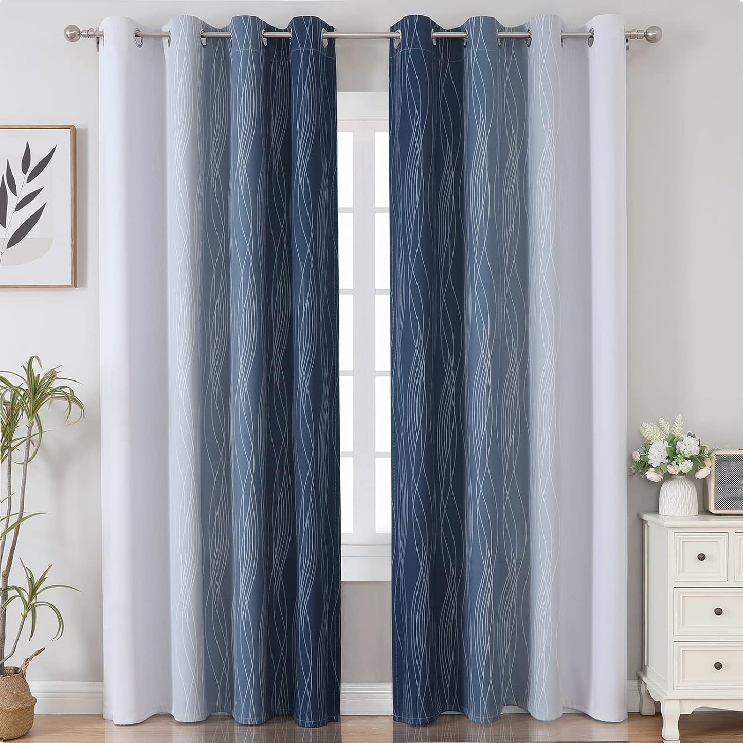 Navy Blue and Greyish White Blackout Curtains 52Wx84L,2 Panels