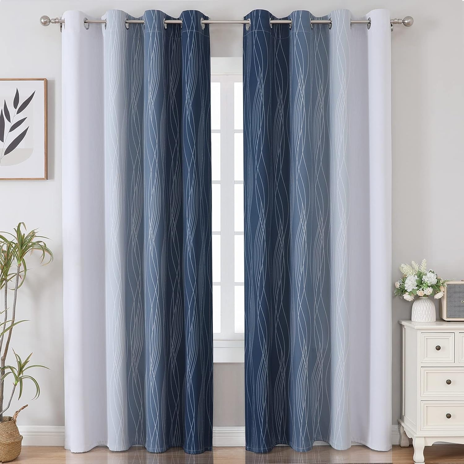 Navy Blue and Greyish White Blackout Curtains 52Wx84L,2 Panels