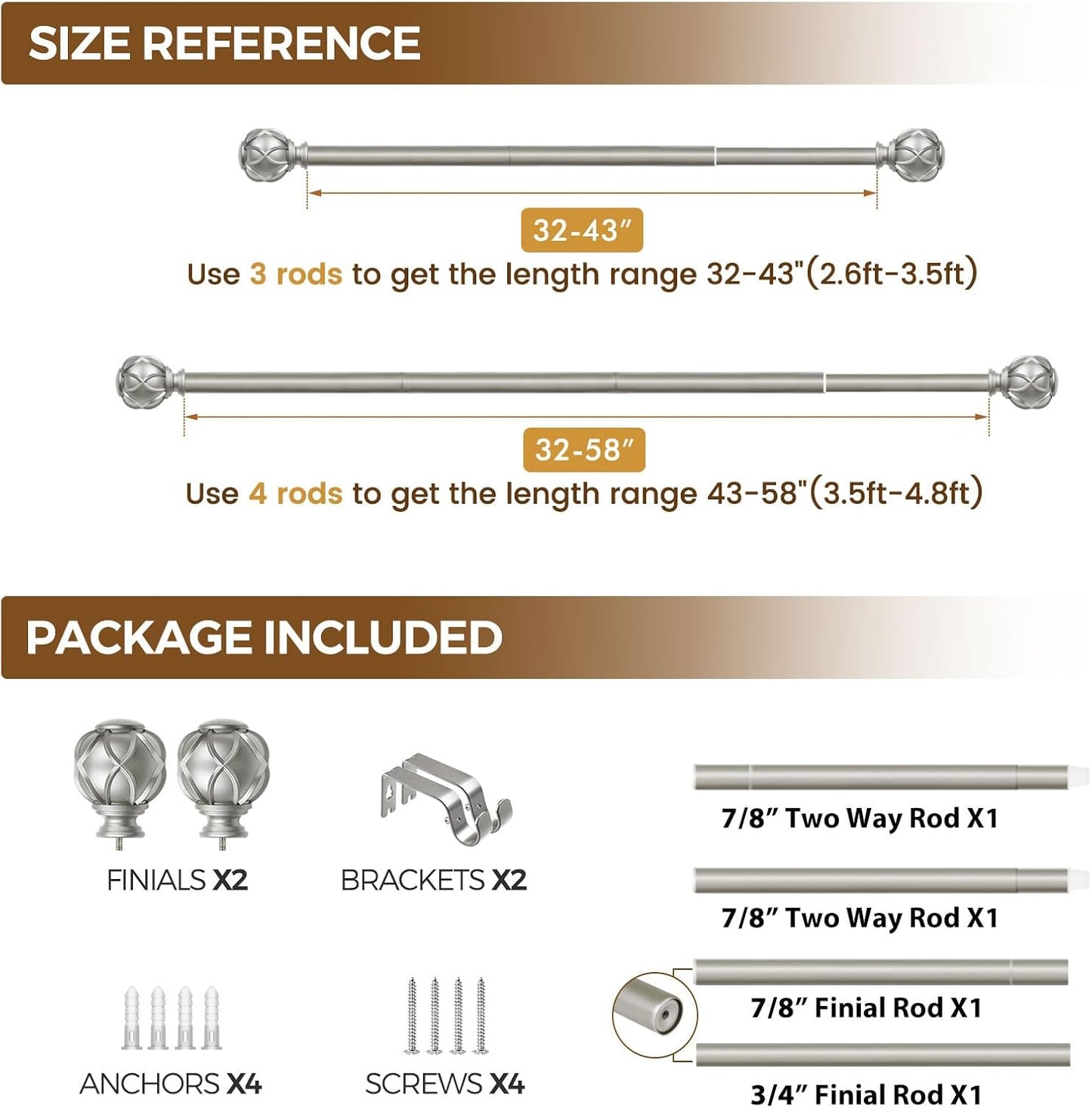 Curtain Rods for Windows, Antique Silver Curtain Rod 32 to 58 Inch(2.6-4.8Ft), 7/8 Inch Single Adjustable Drapery Rods with Decorative Netted Texture End