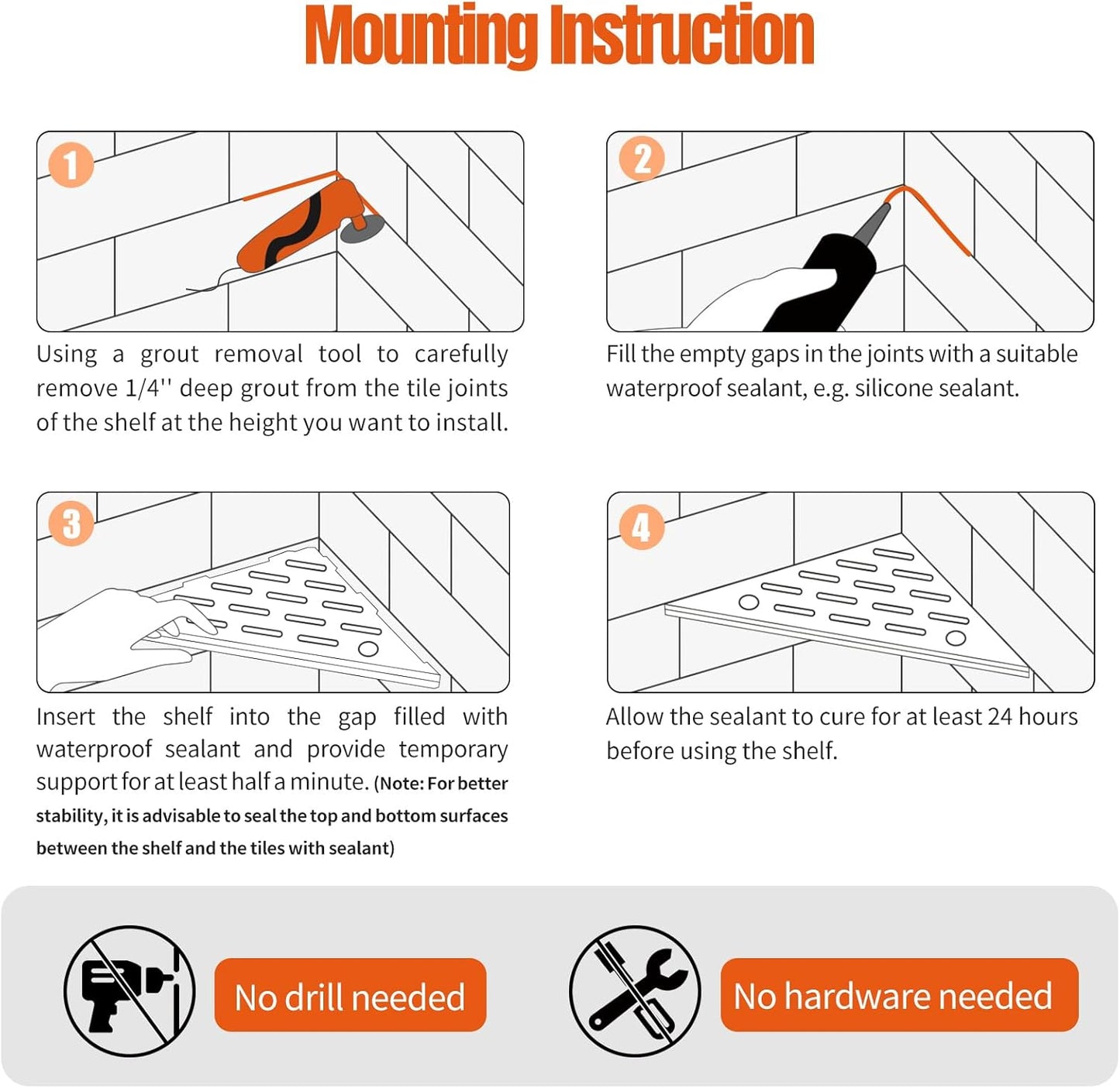 Shower Corner Shelf with Razor Hole, Modern Sturdy Shower Caddy, 10" Rustproof Stainless Steel Shower Organizers Bathroom Shelf for Tile Wall, No Drilling