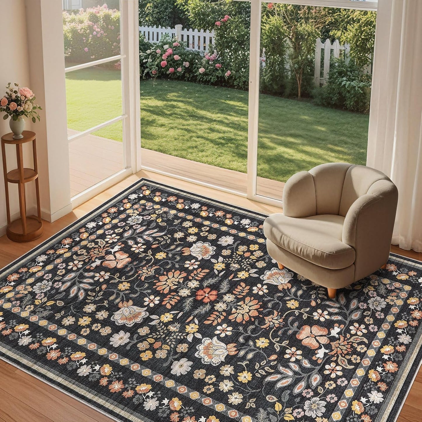 5X7 Area Rug Living Room Rugs - Washable Boho Vintage Floral Large Soft Non-Slip Thin Rug Low Pile Carpet- Black Grey