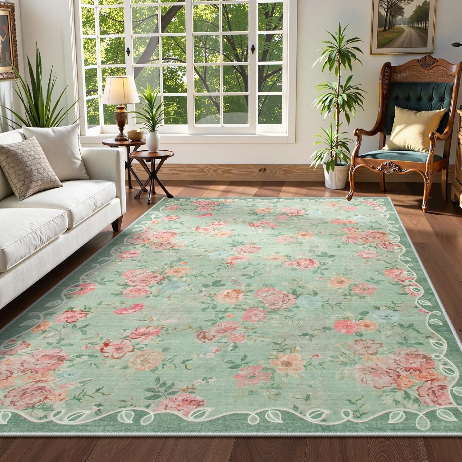 Floral Living Room Rugs 6X9 Area Rugs, Vintage Green Rugs for Bedroom (6'X9, Green)