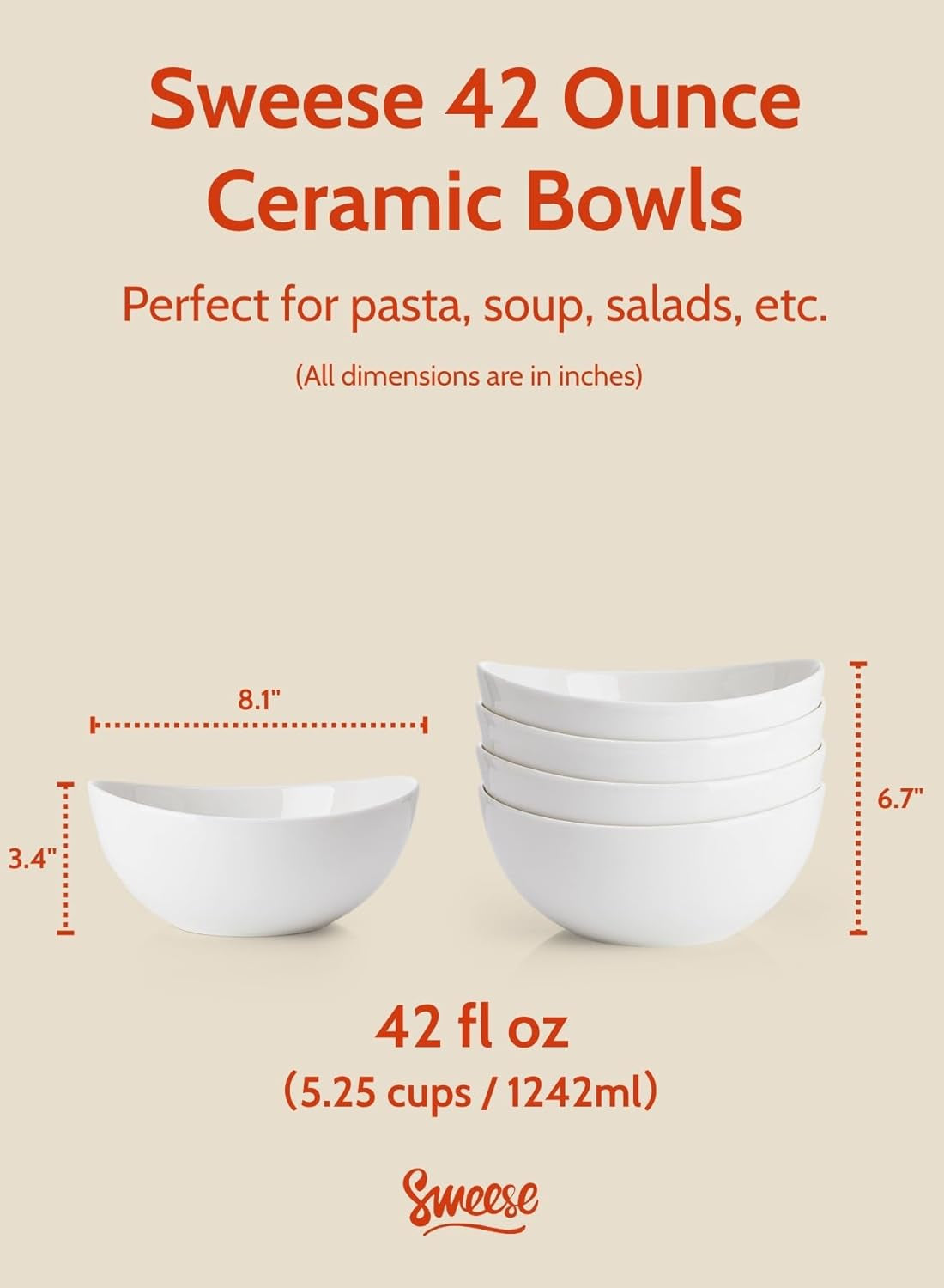 42Oz Porcelain Serving Bowls - Set of 4, 8-Inch White Bowls