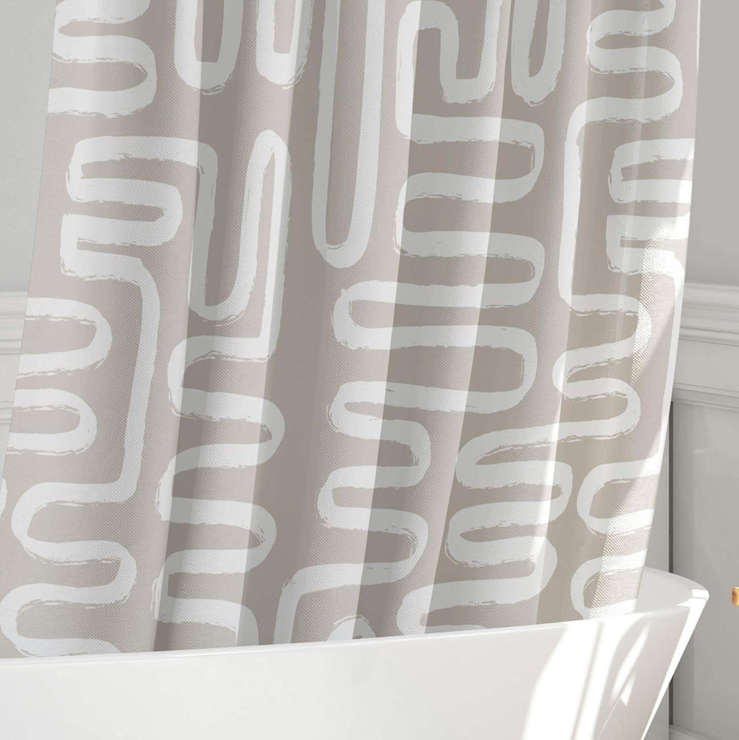 Linen Beige White Abstract Print Shower Curtain - Boho Pattern - Modern Minimalist Home Decor - Neutral Scandi Style, 72X72 Inches (Linen Lines)