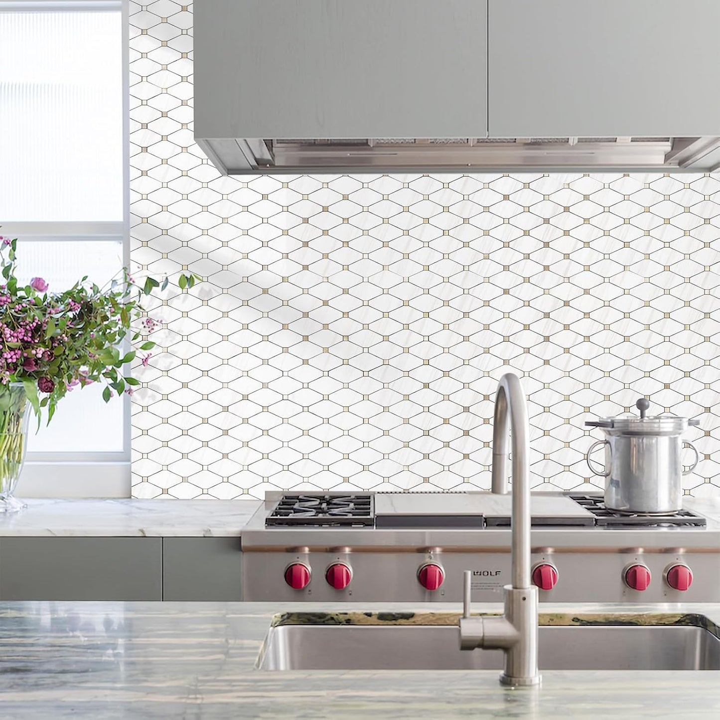 Peel and Stick Wall Tiles, Polished Dolomite PVC Mixed Metal Gold Kitchen Backsplash, Stick on Wall Tiles, 10 Sheets