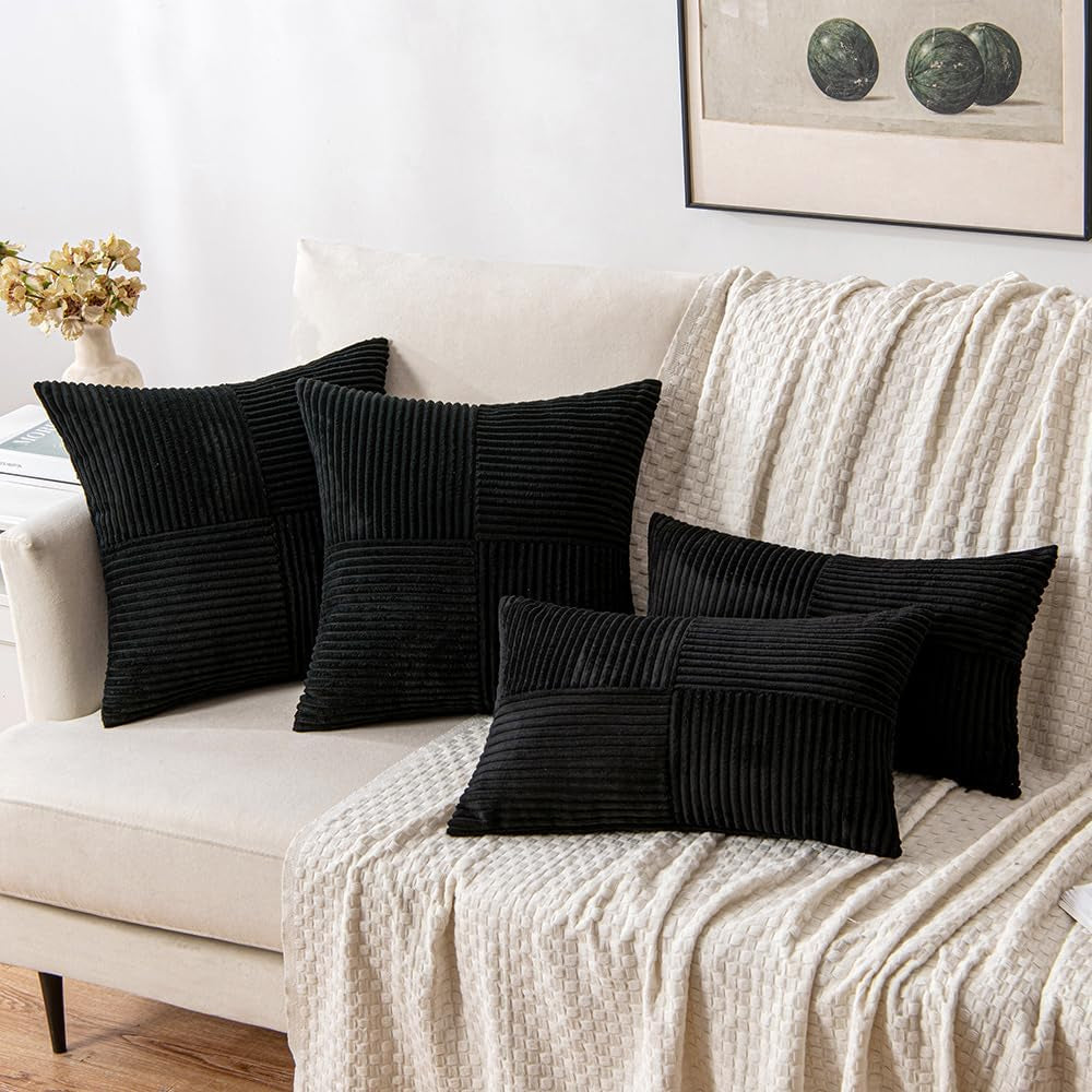 Black Corduroy Throw Pillow Covers Pack of 2 18X18 Inch