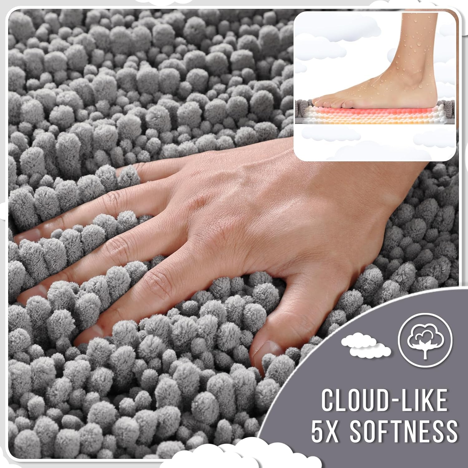 Bathroom Rug Set 3 Piece - Super Absorbent Quick Dry Chenille Bathmats & Toilet Rug, Grey