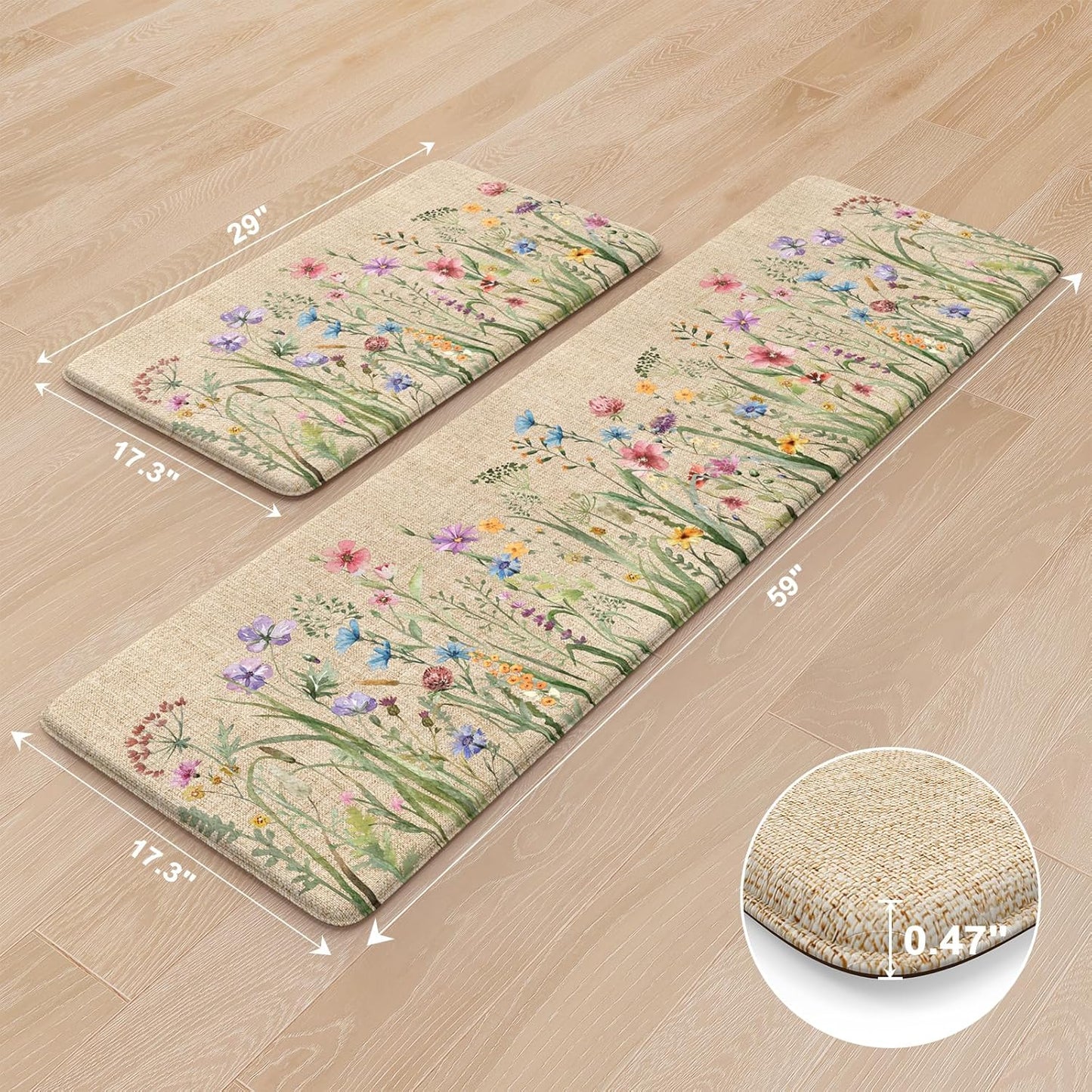 Anti Fatigue Mats for Kitchen Floor 17"X59"+17"X29", Farmhouse Floral Kitchen Rugs, Cushioned Memory Foam Kitchen Mats, Comfort Standing, Brown