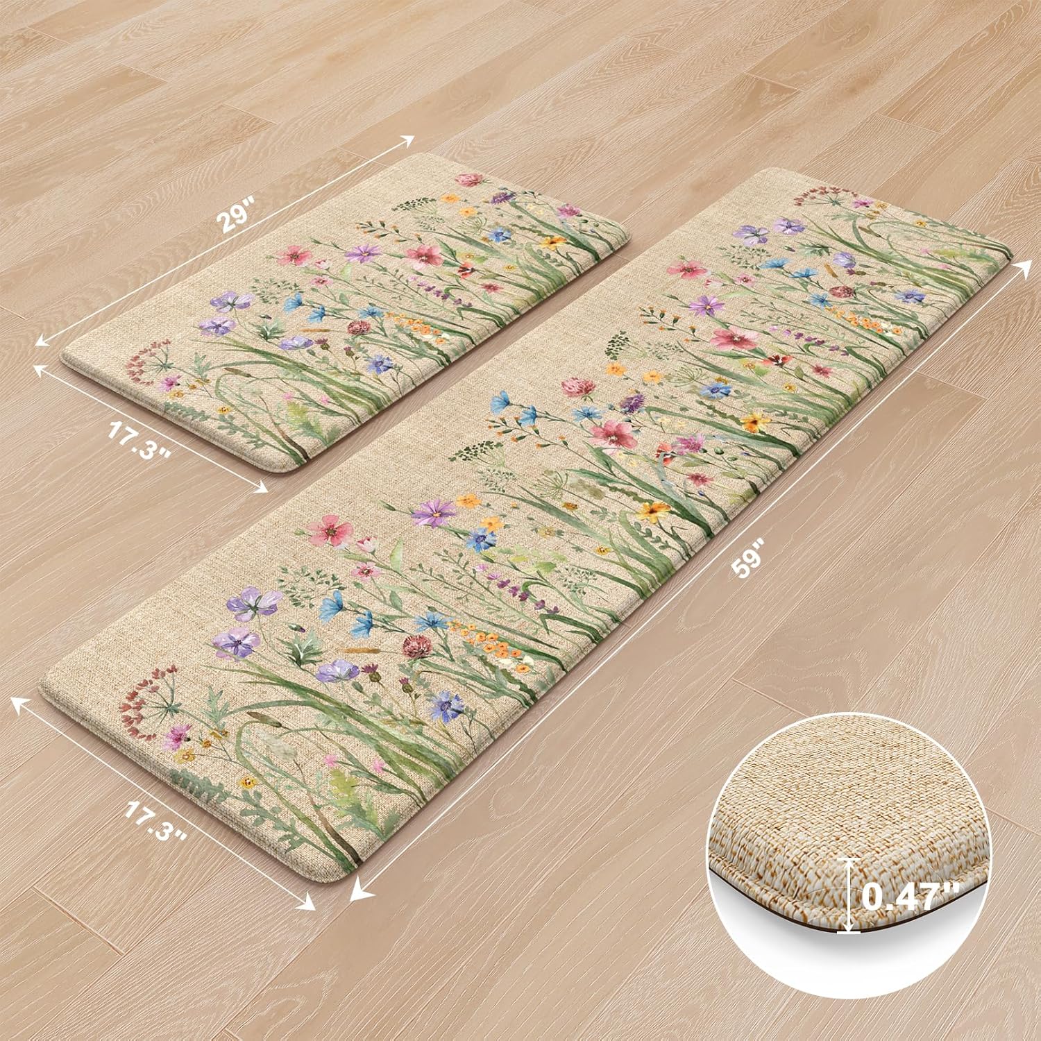 Anti Fatigue Mats for Kitchen Floor 17"X59"+17"X29", Farmhouse Floral Kitchen Rugs, Cushioned Memory Foam Kitchen Mats, Comfort Standing, Brown