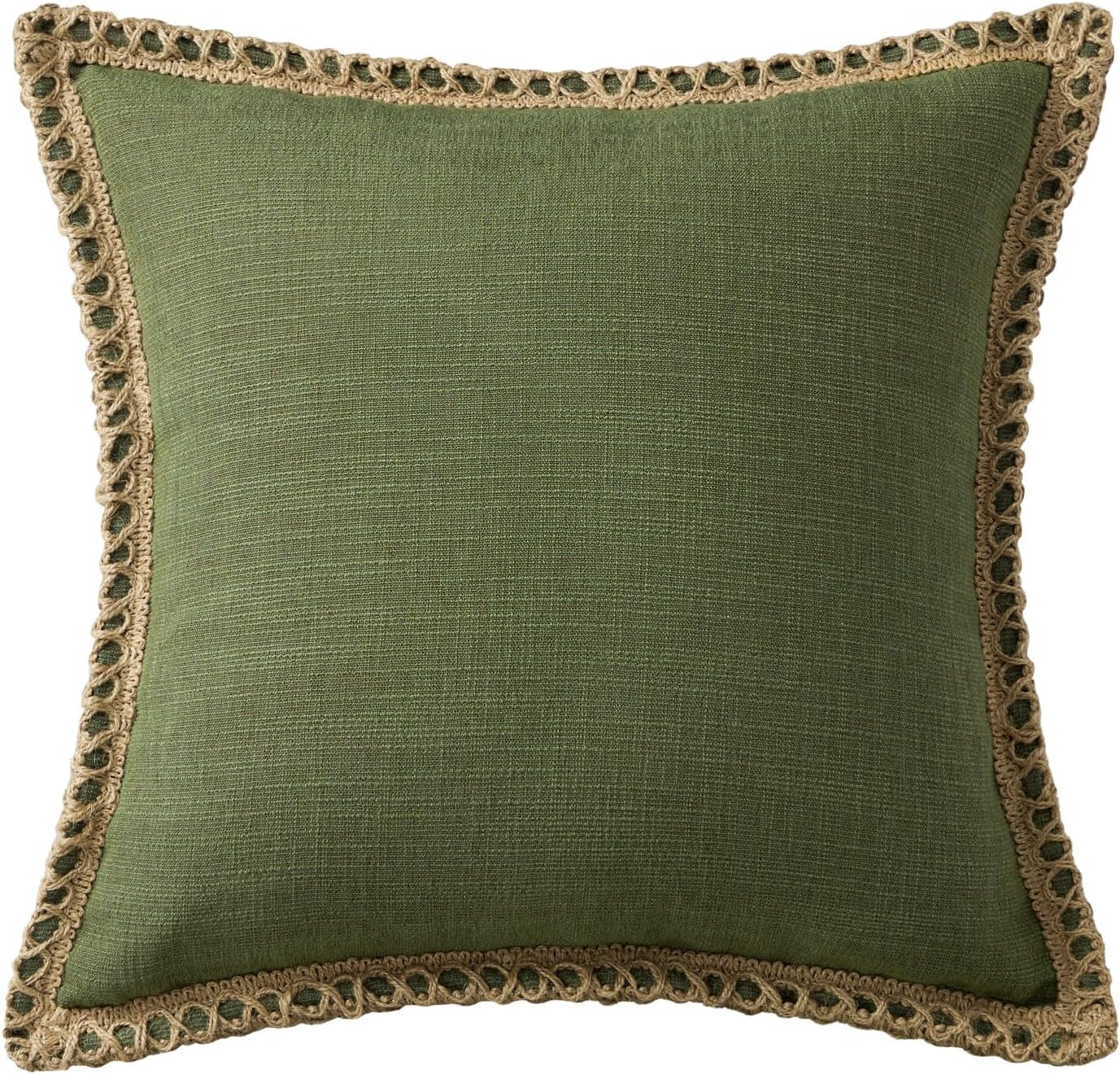 Pack of 2 Farmhouse Decorative Throw Pillow Cover Solid Burlap Linen Trimmed Tailored Edges, Olive Green, 20 X 20 Inches