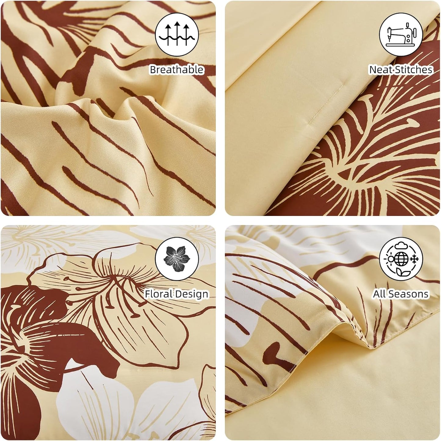 Floral Comforter Set King Size, 7 Pieces Bed in a Bag Burgundy Floral Print on Beige Comforter