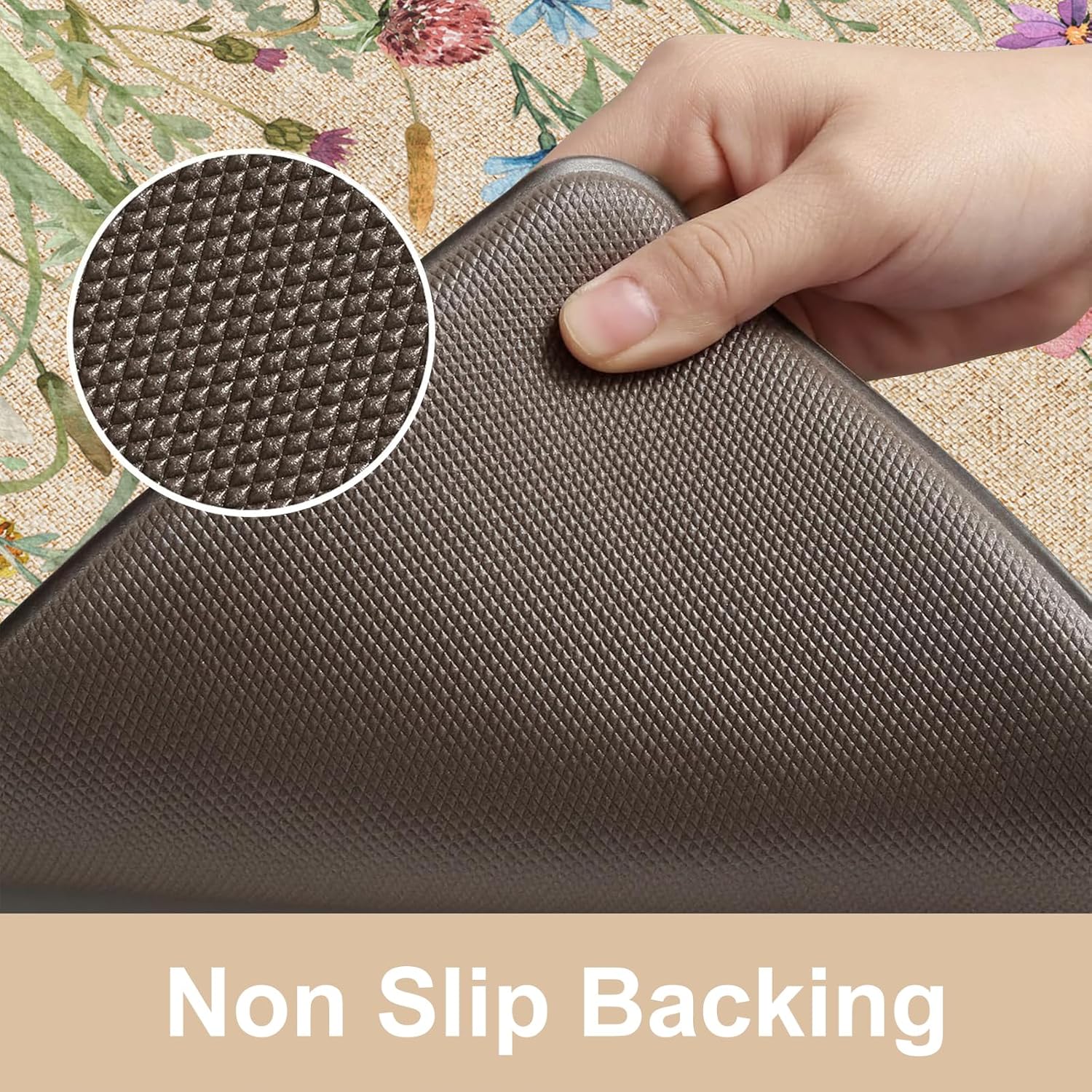 Anti Fatigue Mats for Kitchen Floor 17"X59"+17"X29", Farmhouse Floral Kitchen Rugs, Cushioned Memory Foam Kitchen Mats, Comfort Standing, Brown