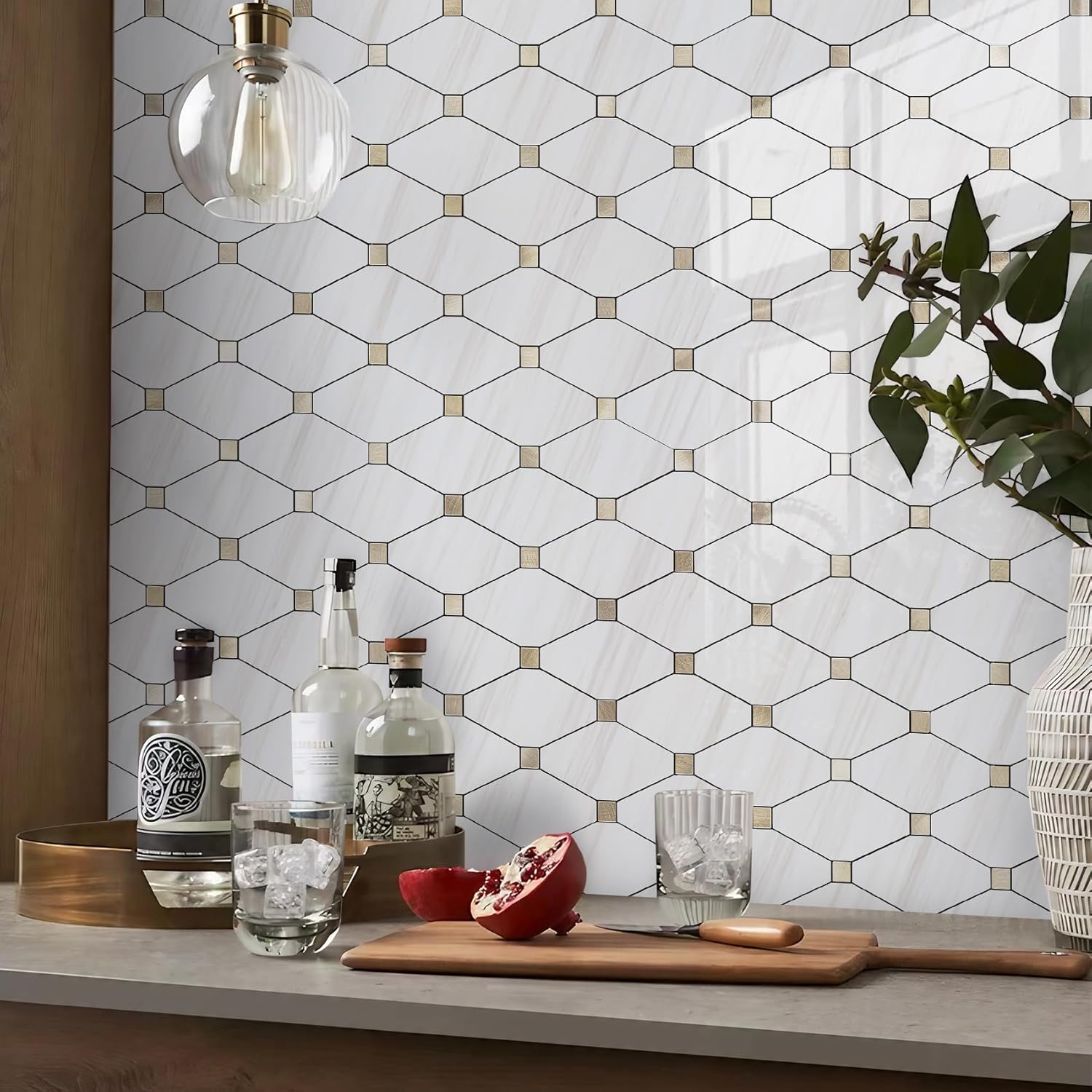 Peel and Stick Wall Tiles, Polished Dolomite PVC Mixed Metal Gold Kitchen Backsplash, Stick on Wall Tiles, 10 Sheets