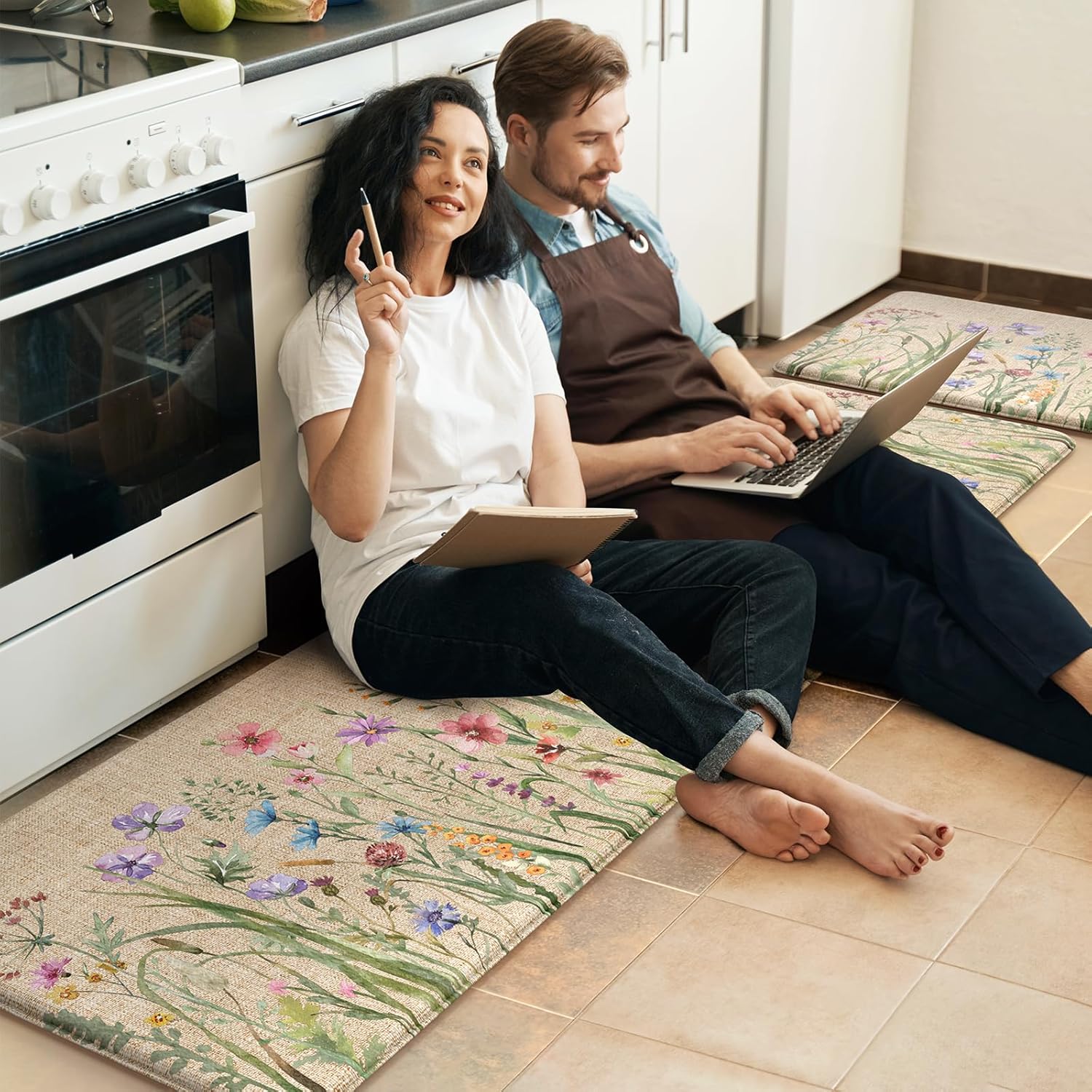 Anti Fatigue Mats for Kitchen Floor 17"X59"+17"X29", Farmhouse Floral Kitchen Rugs, Cushioned Memory Foam Kitchen Mats, Comfort Standing, Brown