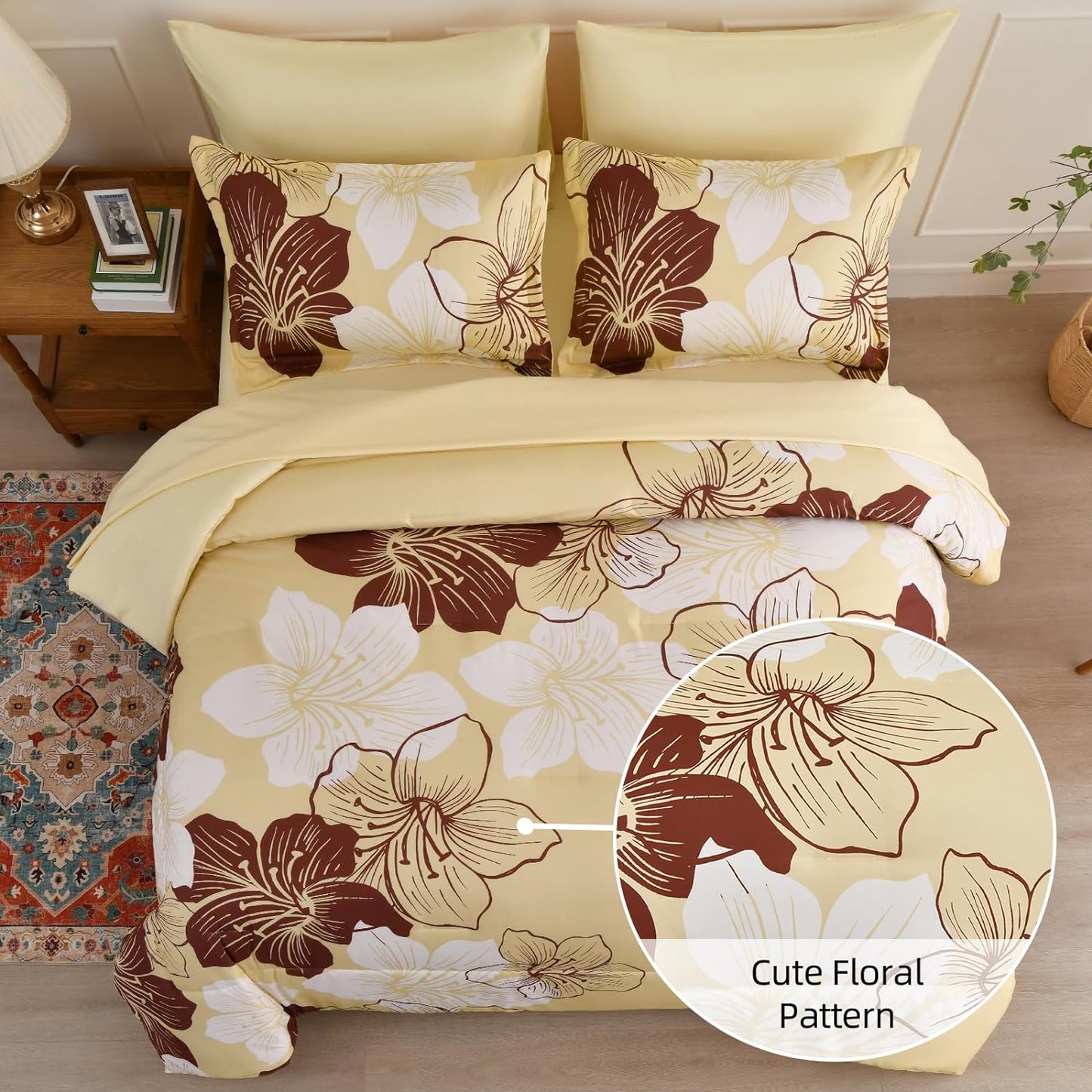 Floral Comforter Set King Size, 7 Pieces Bed in a Bag Burgundy Floral Print on Beige Comforter