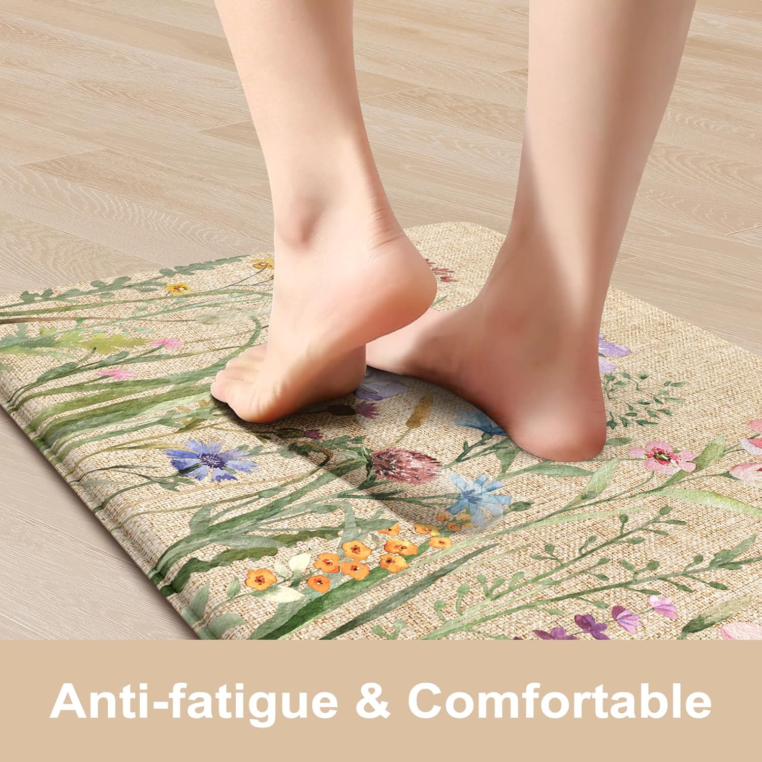 Anti Fatigue Mats for Kitchen Floor 17"X59"+17"X29", Farmhouse Floral Kitchen Rugs, Cushioned Memory Foam Kitchen Mats, Comfort Standing, Brown