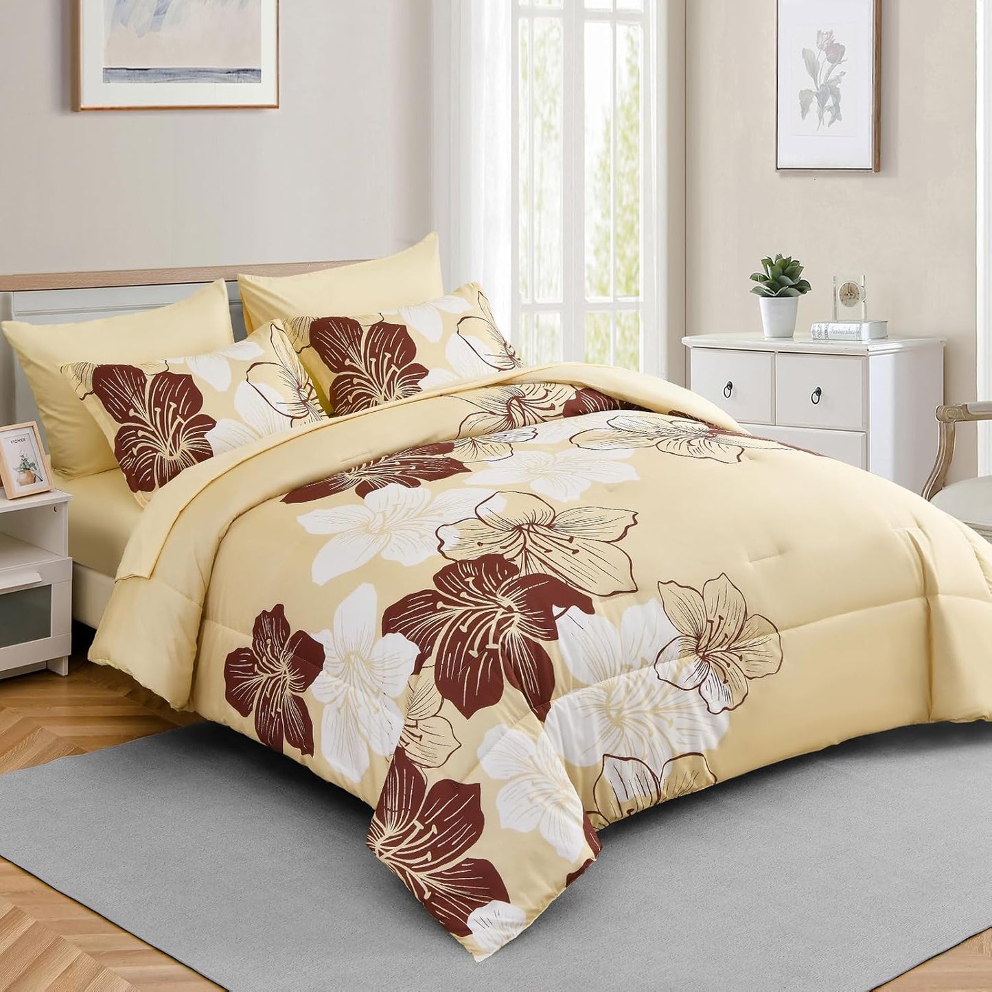 Floral Comforter Set King Size, 7 Pieces Bed in a Bag Burgundy Floral Print on Beige Comforter