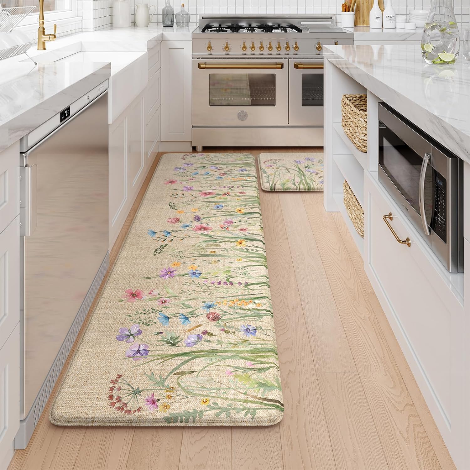 Anti Fatigue Mats for Kitchen Floor 17"X59"+17"X29", Farmhouse Floral Kitchen Rugs, Cushioned Memory Foam Kitchen Mats, Comfort Standing, Brown