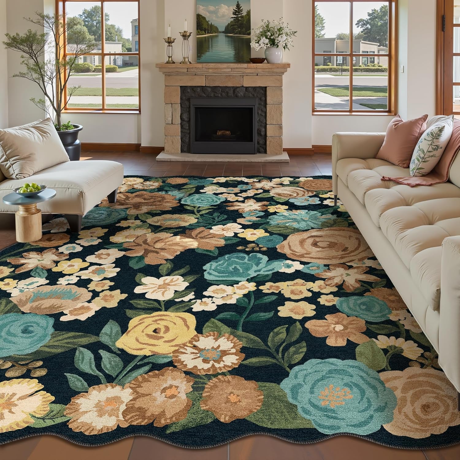Washable Floral Area Rug 5X7 Black Living Room Carpet Scalloped Flower Non-Slip