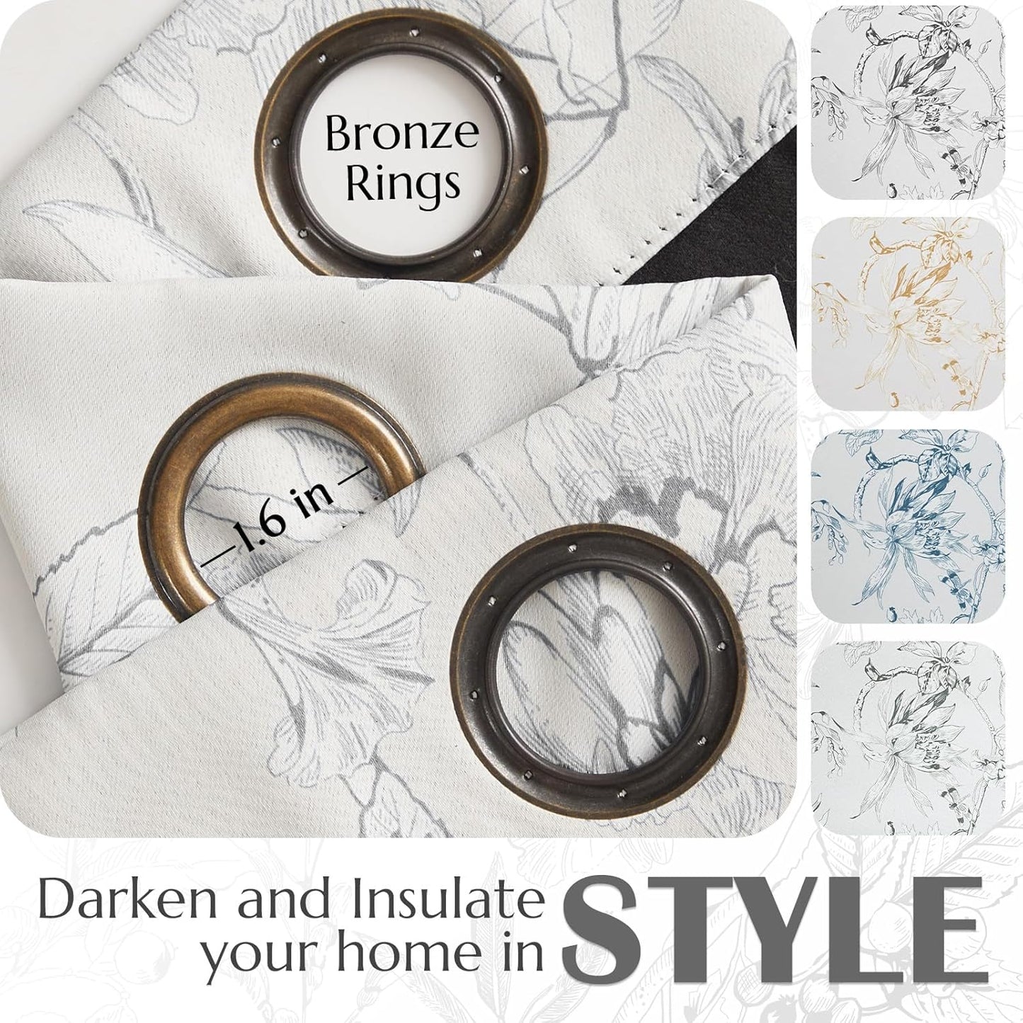 Floral 100% Blackout Curtains for Bedroom 84 Inches Long, Grey Flower-Patterned Curtains 2 Panels