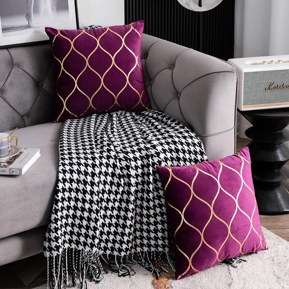 Gold Velvet Throw Pillow Covers Purple: 2 Pack 20X20 Inch