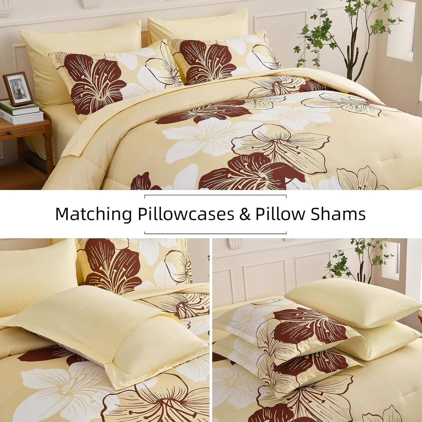 Floral Comforter Set King Size, 7 Pieces Bed in a Bag Burgundy Floral Print on Beige Comforter