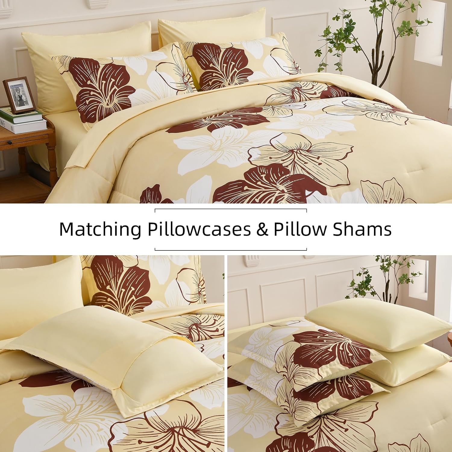 Floral Comforter Set King Size, 7 Pieces Bed in a Bag Burgundy Floral Print on Beige Comforter