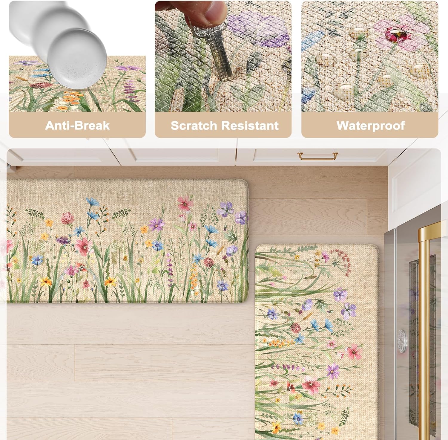 Anti Fatigue Mats for Kitchen Floor 17"X59"+17"X29", Farmhouse Floral Kitchen Rugs, Cushioned Memory Foam Kitchen Mats, Comfort Standing, Brown