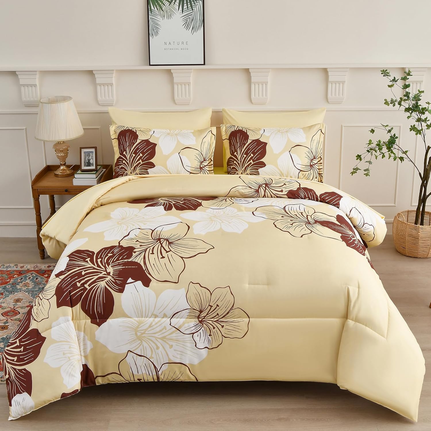 Floral Comforter Set King Size, 7 Pieces Bed in a Bag Burgundy Floral Print on Beige Comforter