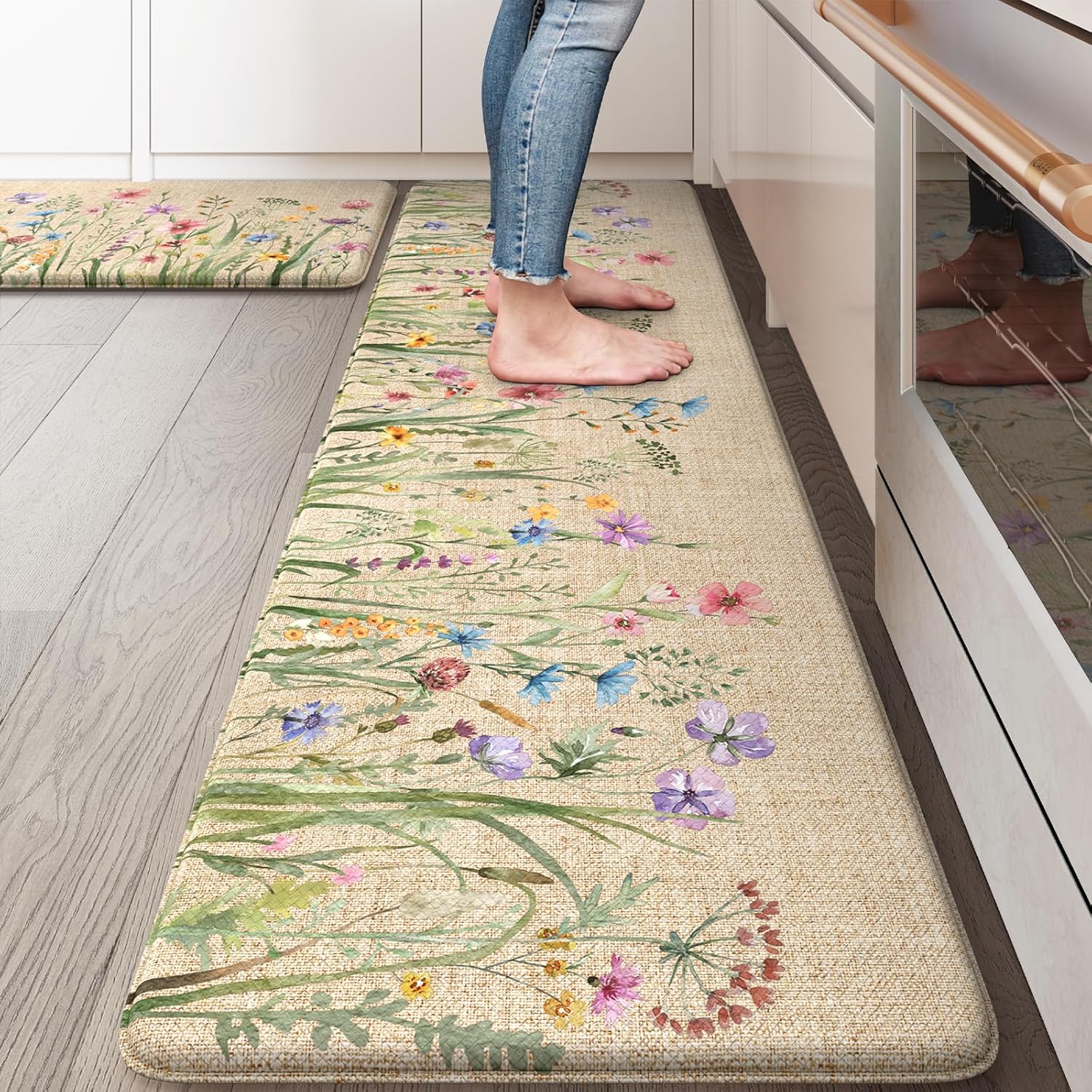 Anti Fatigue Mats for Kitchen Floor 17"X59"+17"X29", Farmhouse Floral Kitchen Rugs, Cushioned Memory Foam Kitchen Mats, Comfort Standing, Brown