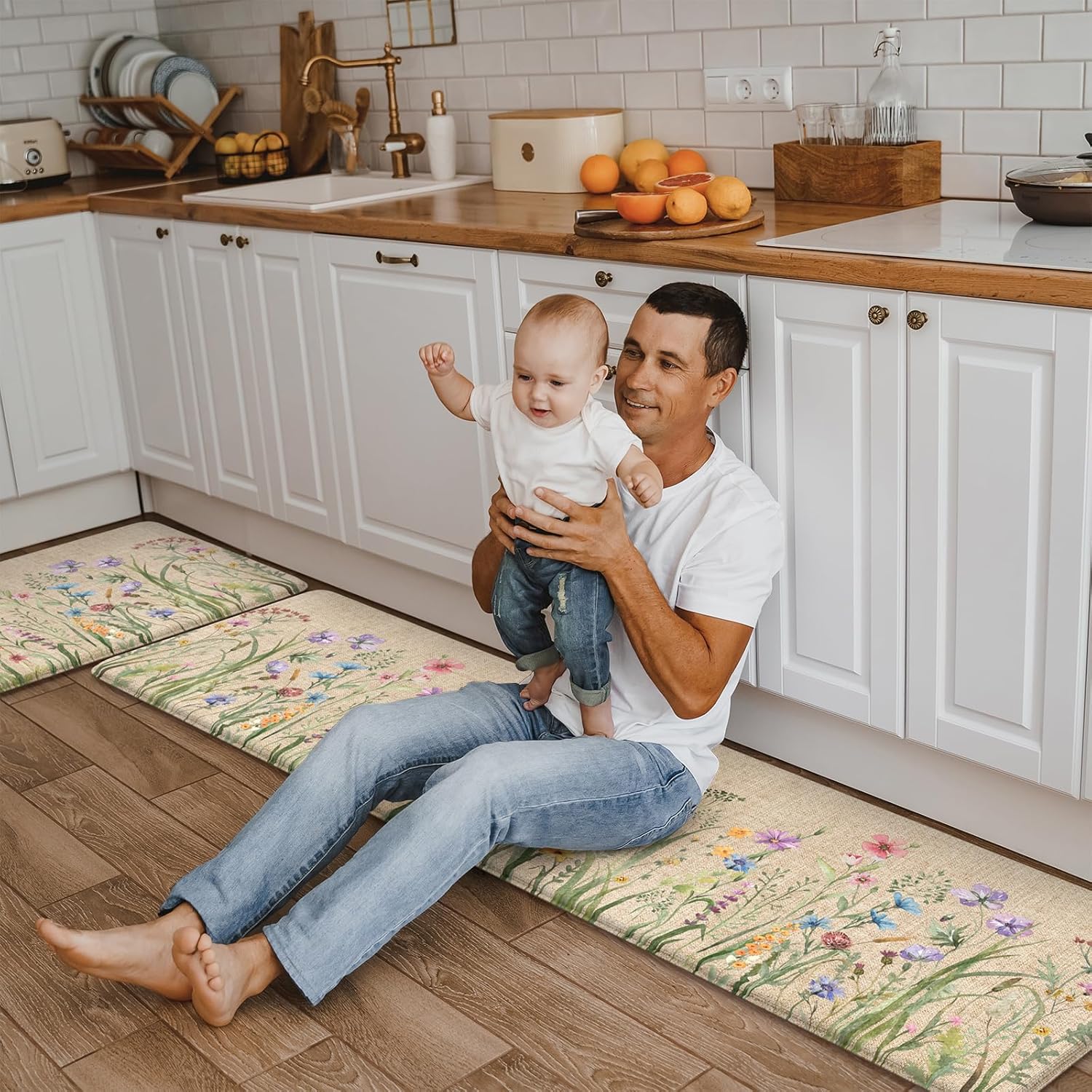 Anti Fatigue Mats for Kitchen Floor 17"X59"+17"X29", Farmhouse Floral Kitchen Rugs, Cushioned Memory Foam Kitchen Mats, Comfort Standing, Brown